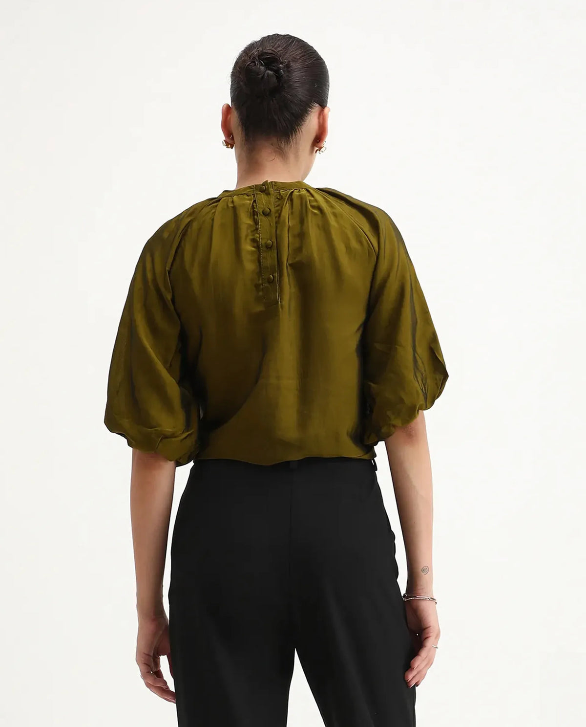 Rareism Women's Roniu Brown Polyester V-Neck Plain Kimono Sleeve Crop Regular Fit Top