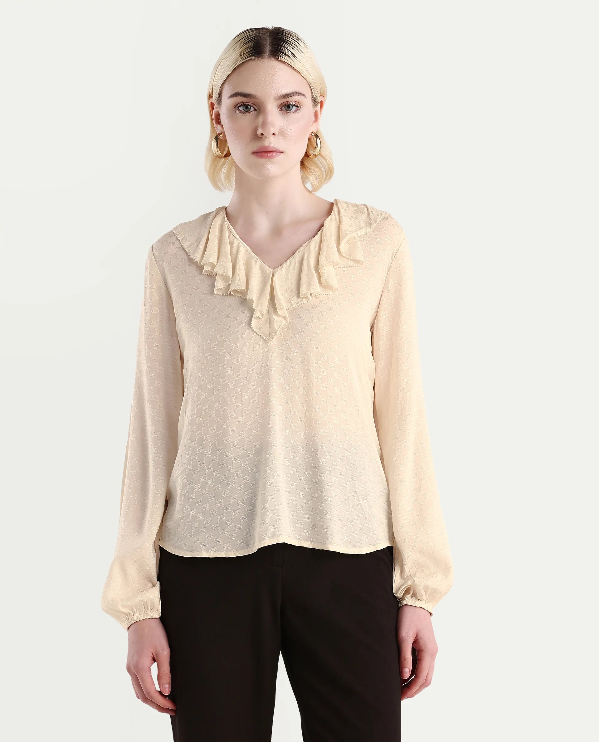 Rareism Women's Roniz Beige Cotton V-Neck Textured Bishop Sleeve Regular Fit Top