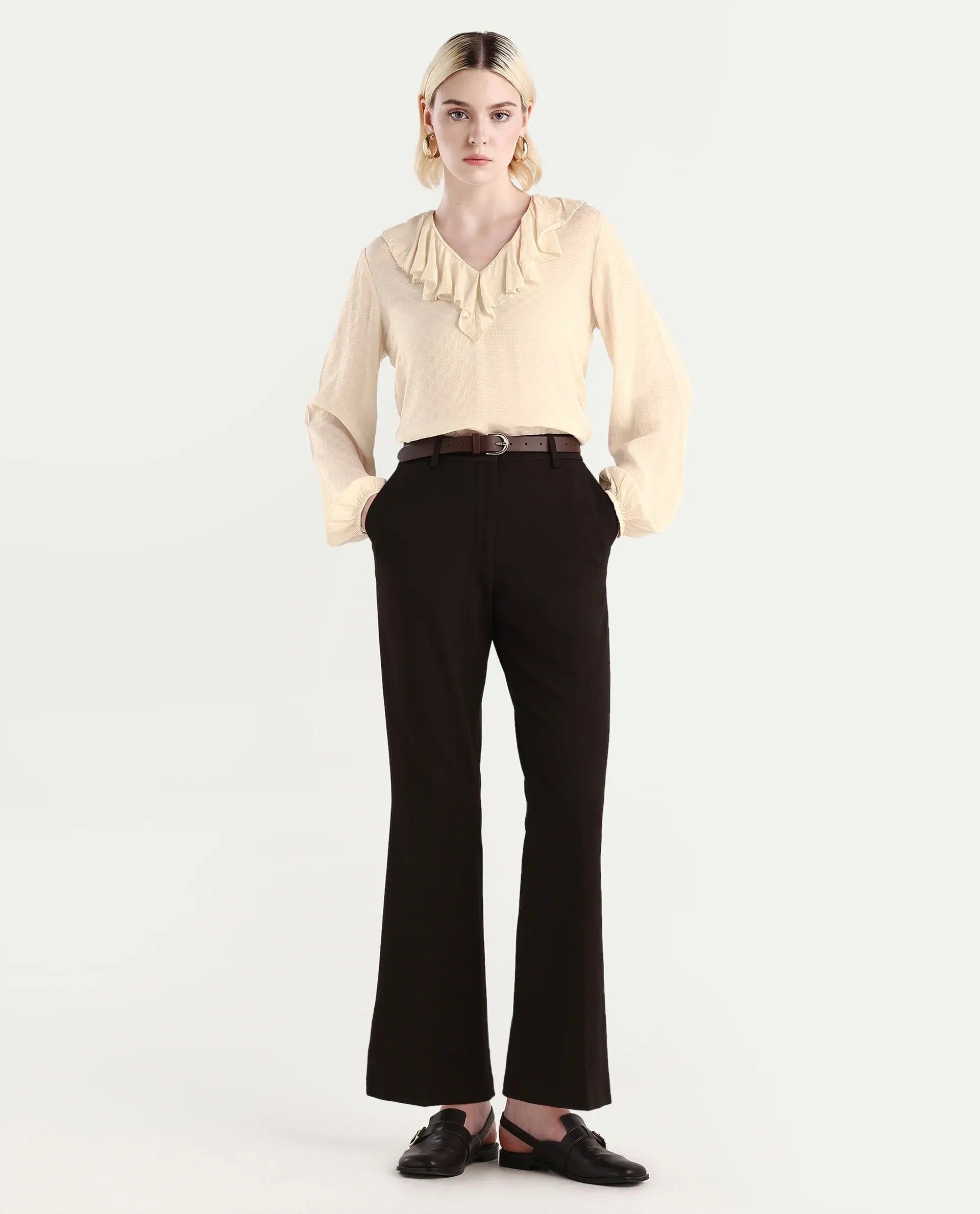 Rareism Women's Roniz Beige Cotton V-Neck Textured Bishop Sleeve Regular Fit Top