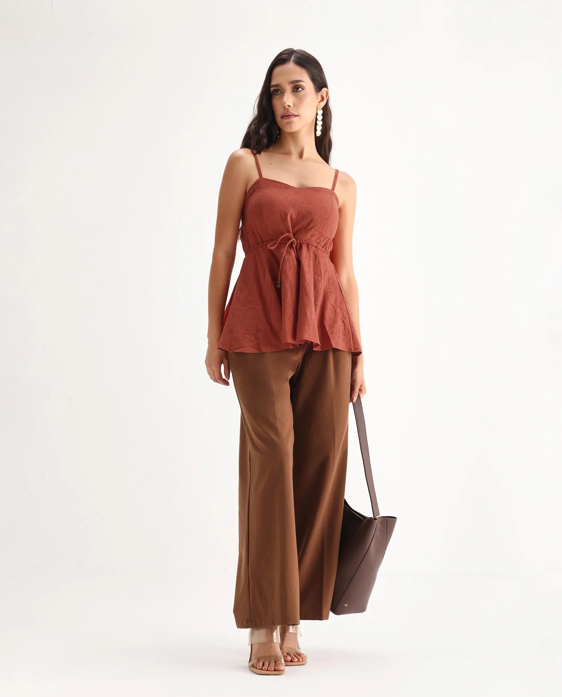 Rareism Women's Ronk Rust Cotton Sweetheart Neck Plain Sleeveless Crop Fit And Flare Top
