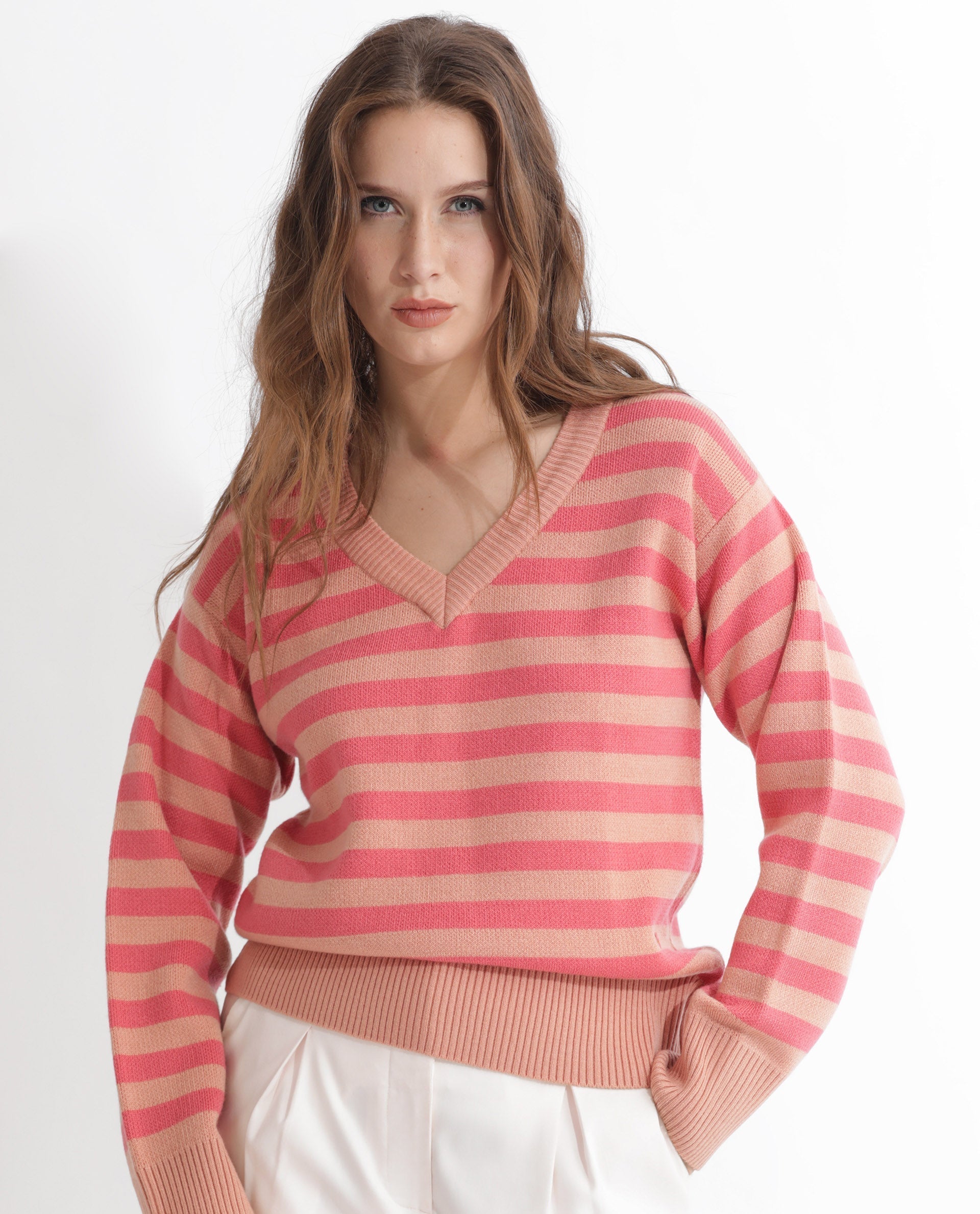 Rareism Women's Ronnie Dark Pink Acrylic V-Neck Striped Relaxed Fit Sweater