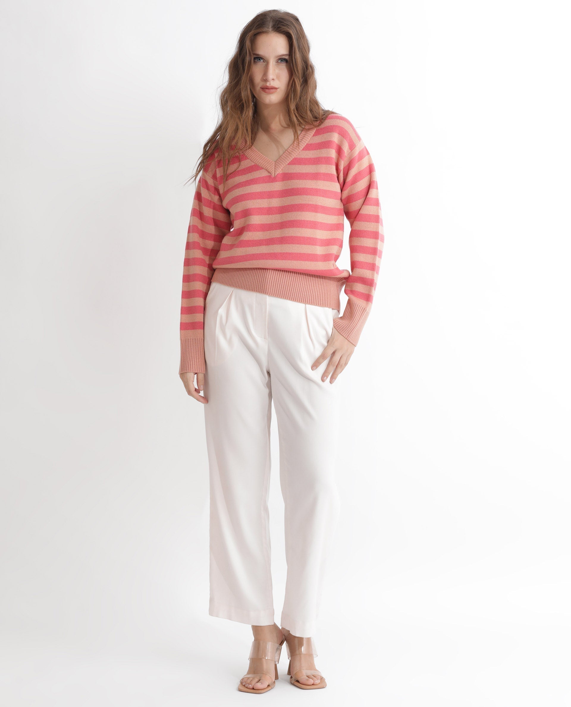 Rareism Women Ronnie Dark Pink Acrylic Fabric Full Sleeves V-Neck Relaxed Fit Striped Sweater