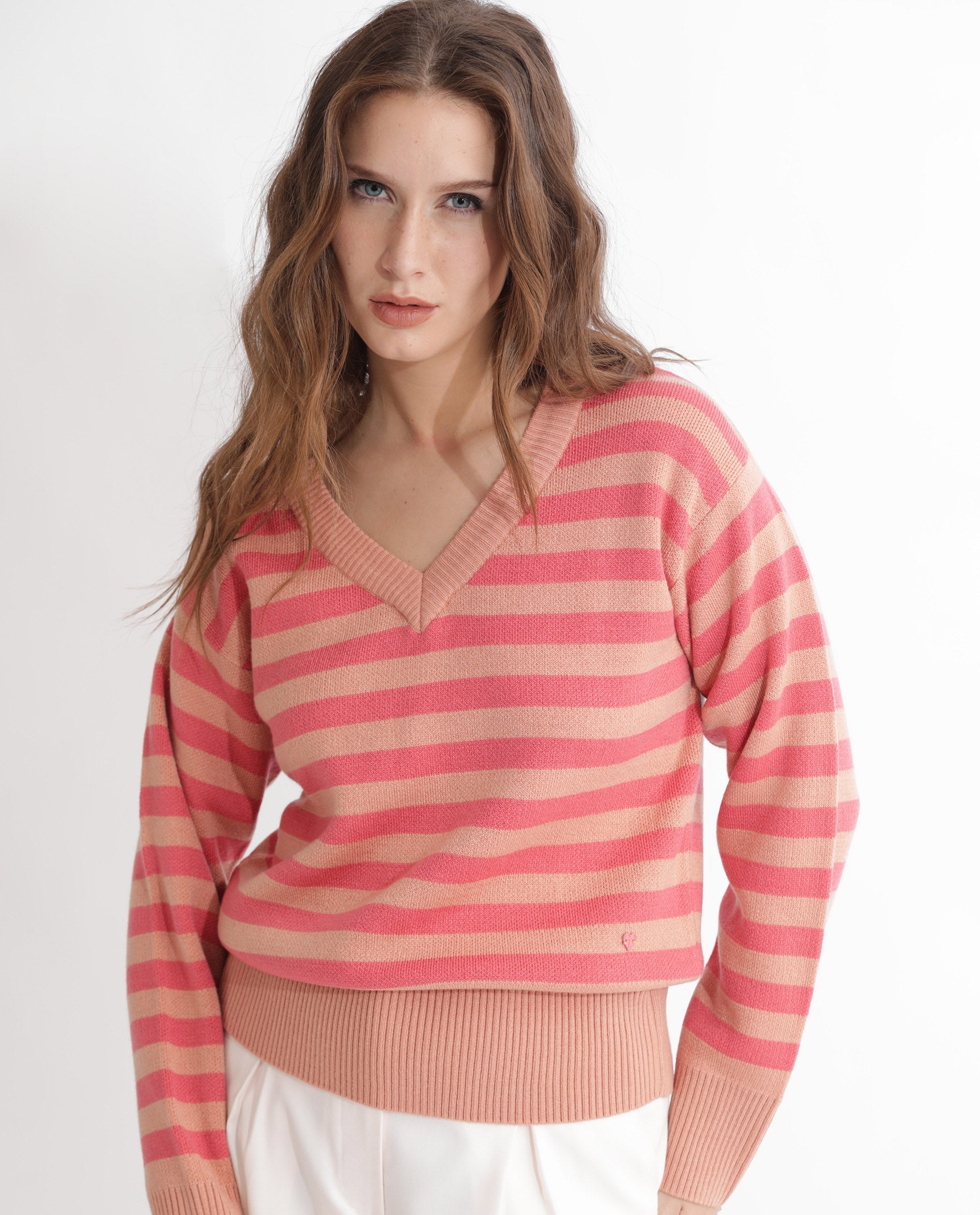 Rareism Women's Ronnie Dark Pink Acrylic V-Neck Striped Relaxed Fit Sweater