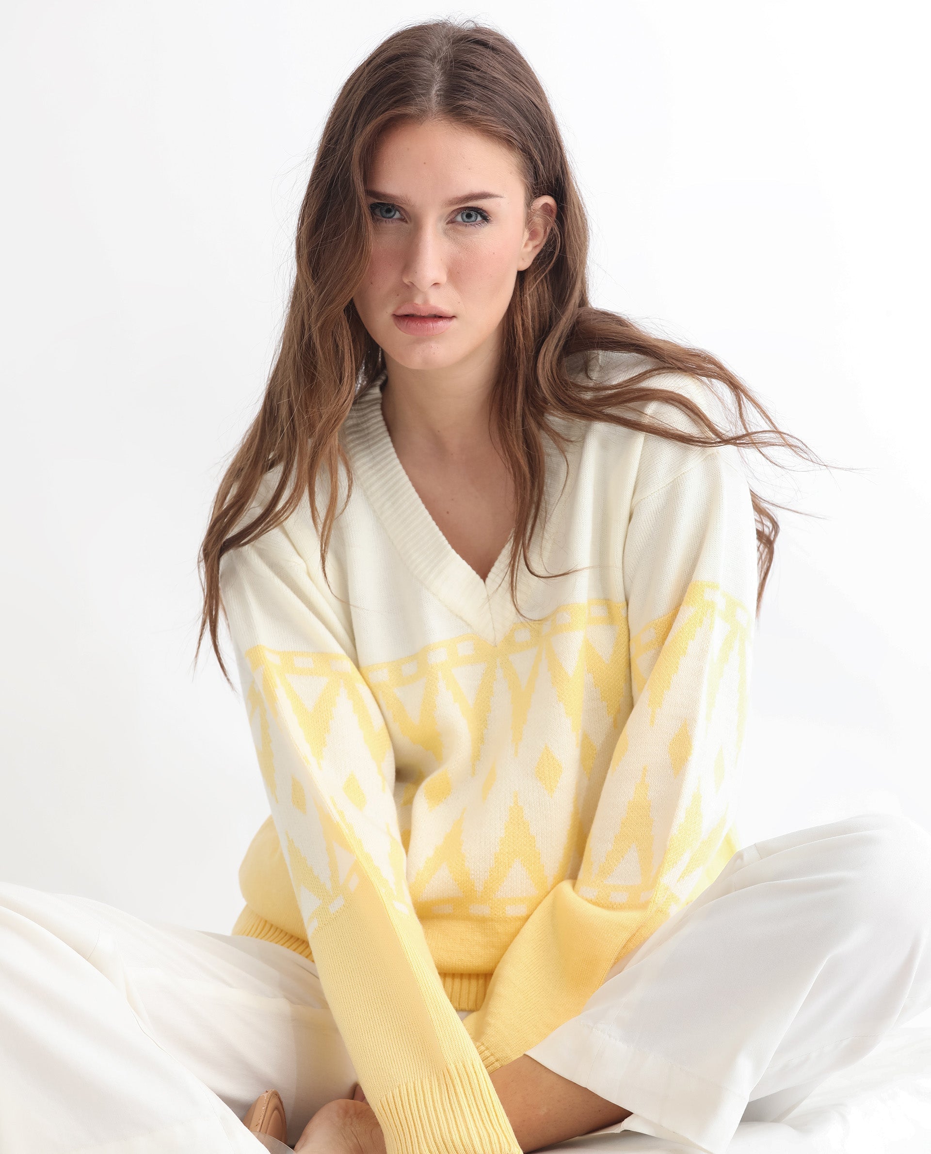 Rareism Women's Ronnie Yellow Acrylic V-Neck Color Block Relaxed Fit Sweater