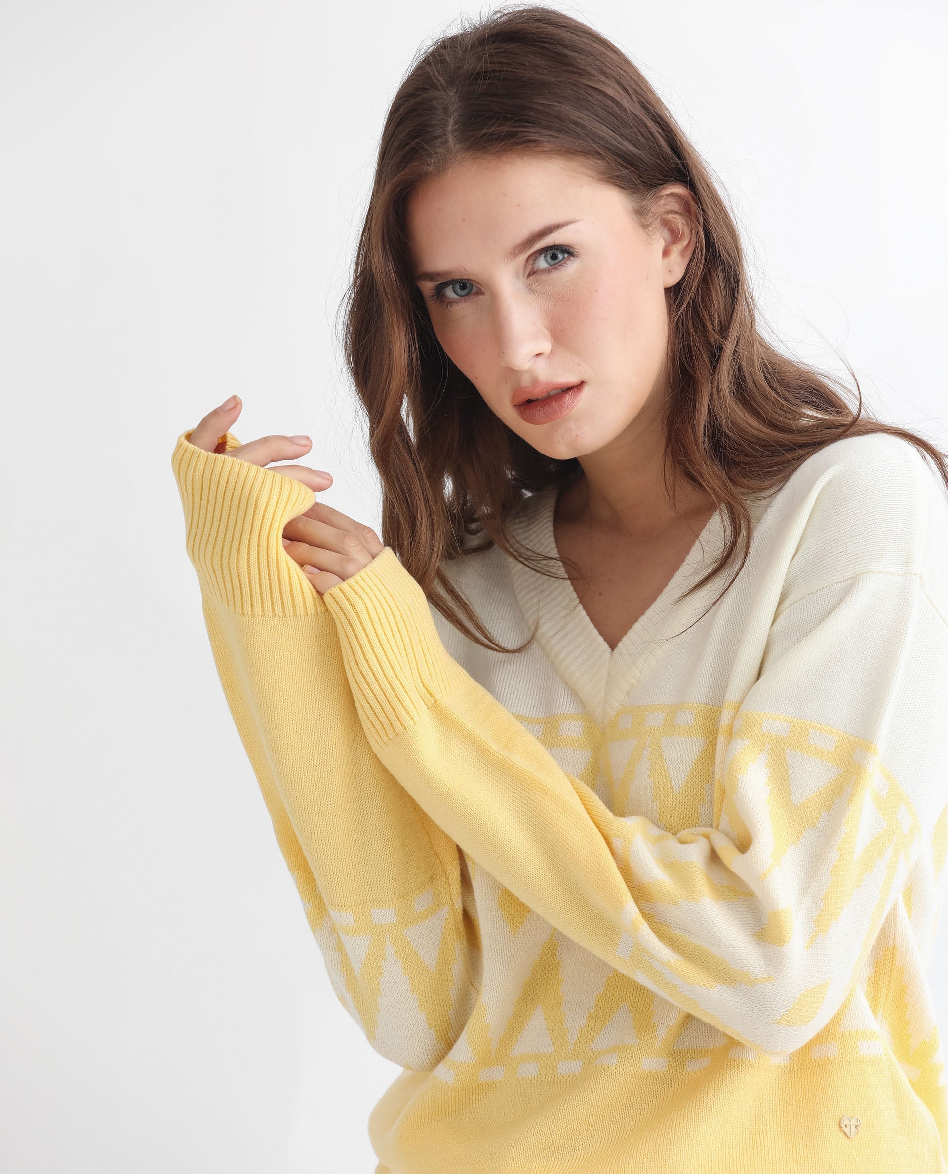 Rareism Women's Ronnie Yellow Acrylic V-Neck Color Block Relaxed Fit Sweater
