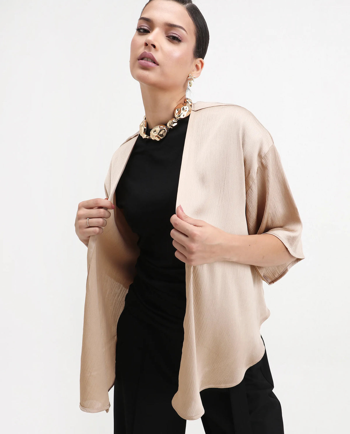 Rareism Women's Ronokya Beige Polyester Collarless Plain Kimono Sleeve Relaxed Fit Shrug
