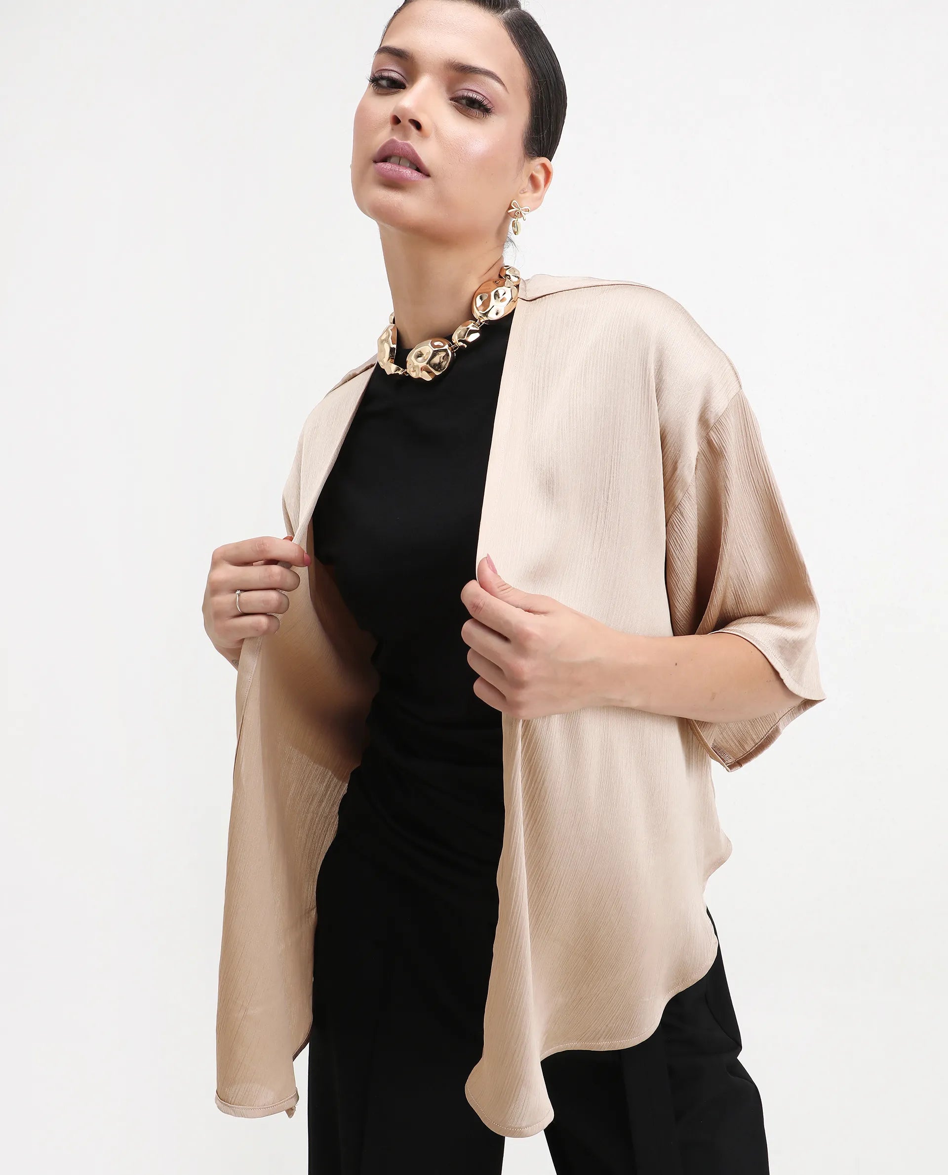 Rareism Women's Ronokya Beige Polyester Collarless Plain Kimono Sleeve Relaxed Fit Shrug