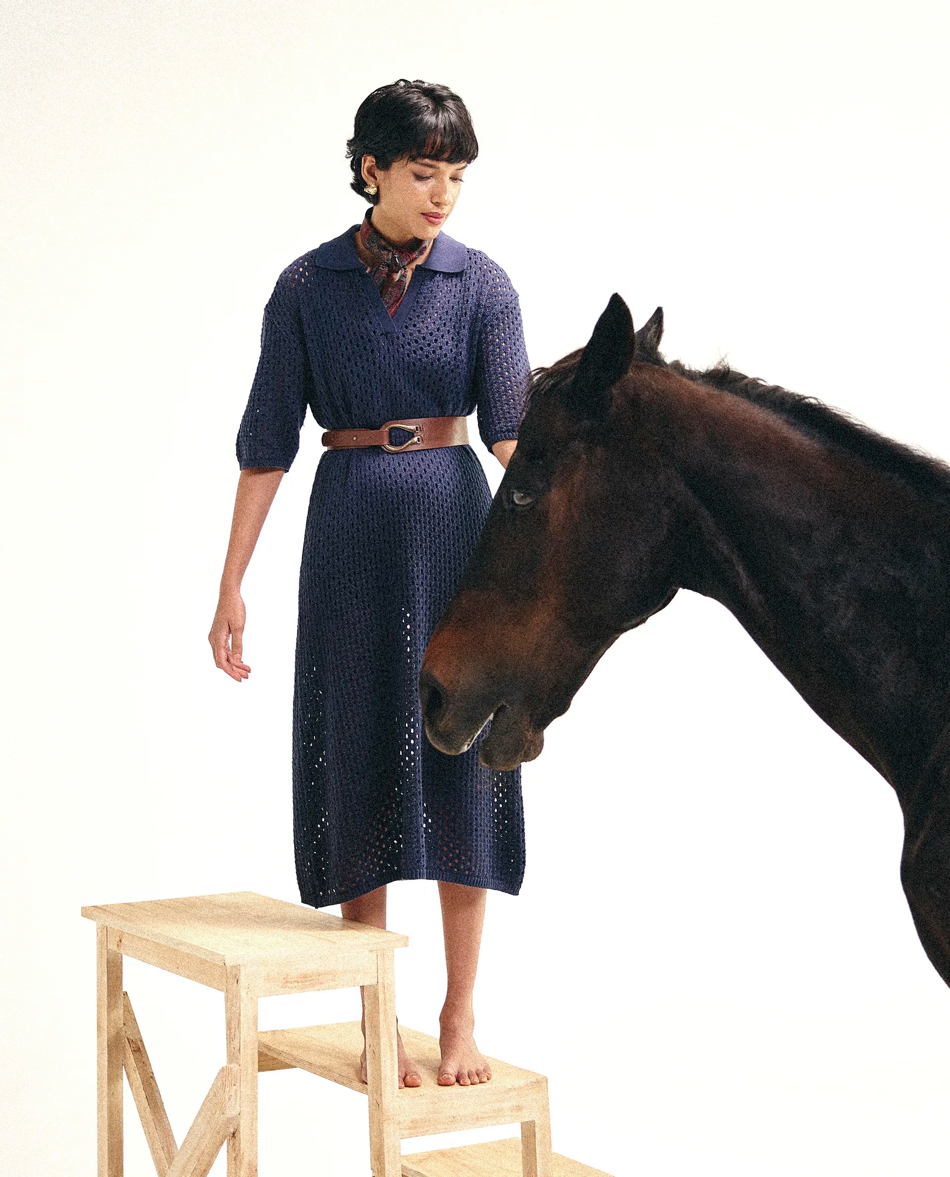 Rareism Women's Ronpen Navy Cotton Spread Collar Plain Midi Straight Fit Dress