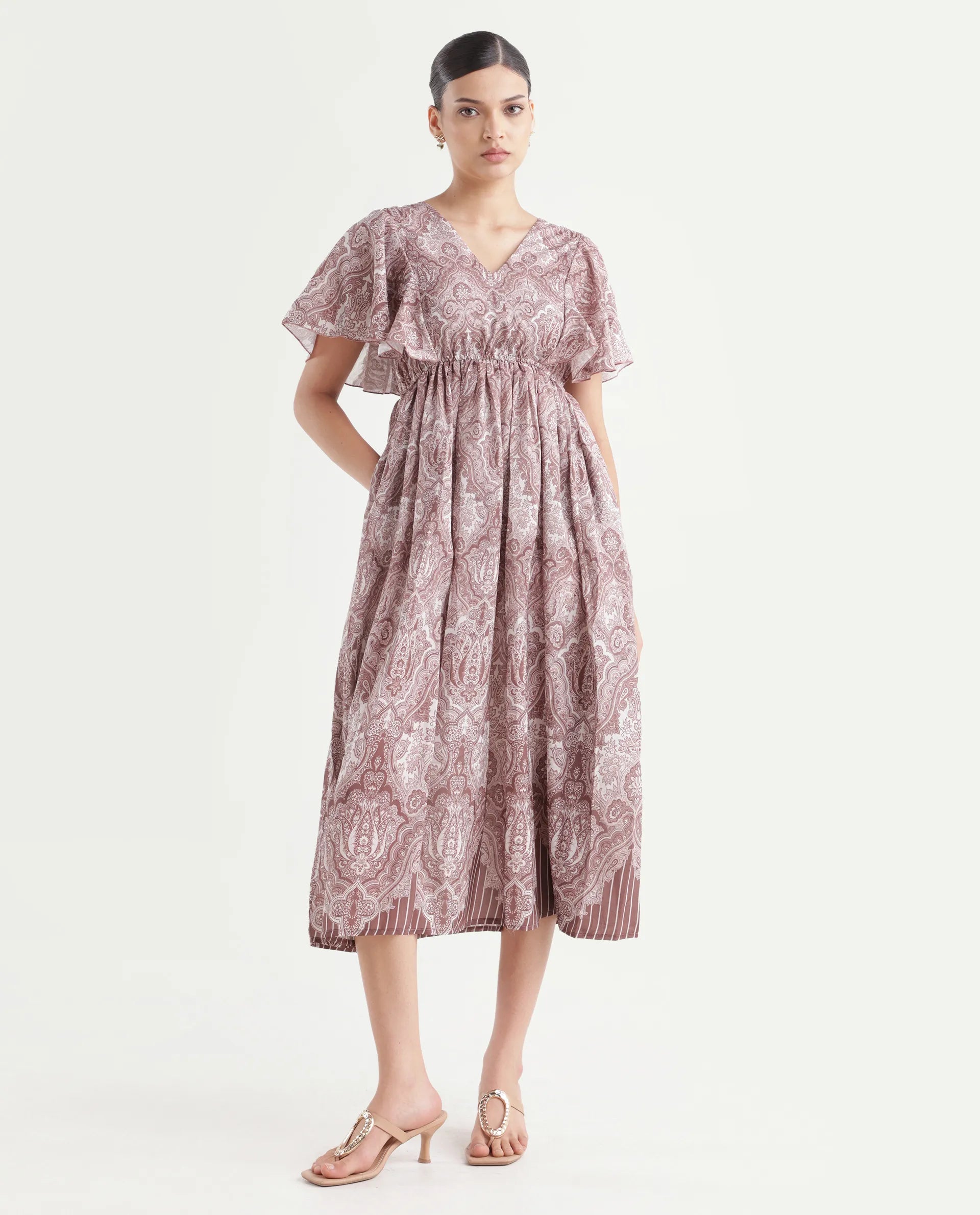 Rareism Women's Ronruf Light Brown Polyester V-Neck Ornamental Print Ruffled Sleeve Midi A-Line Dress