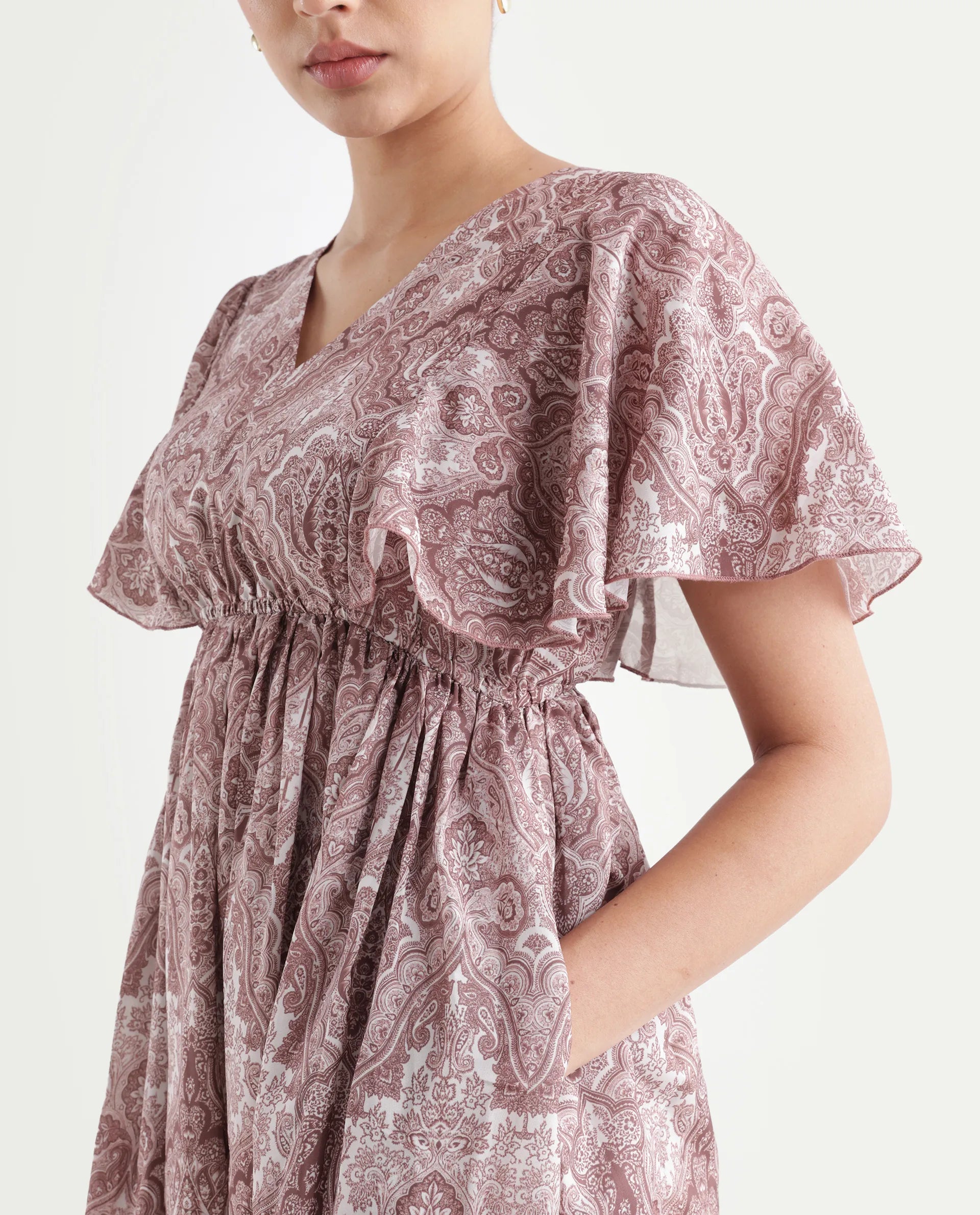 Rareism Women's Ronruf Light Brown Polyester V-Neck Ornamental Print Ruffled Sleeve Midi A-Line Dress