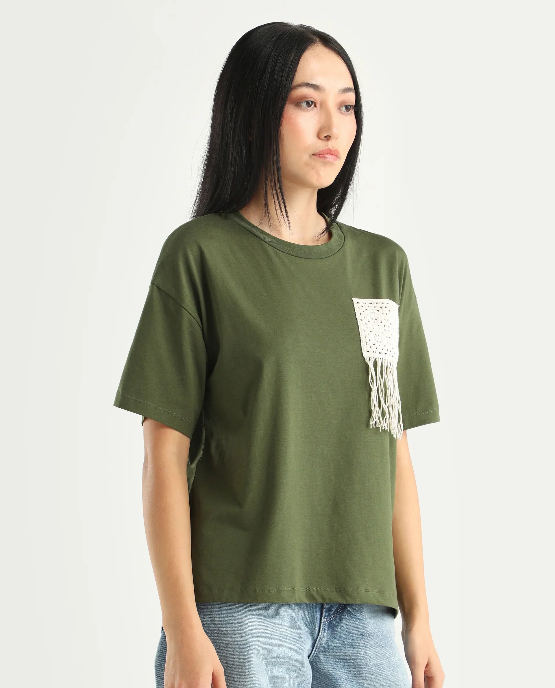 Rareism Women's Ronrufo Olive Cotton Blend Round Neck Plain Boxy Fit T-Shirt