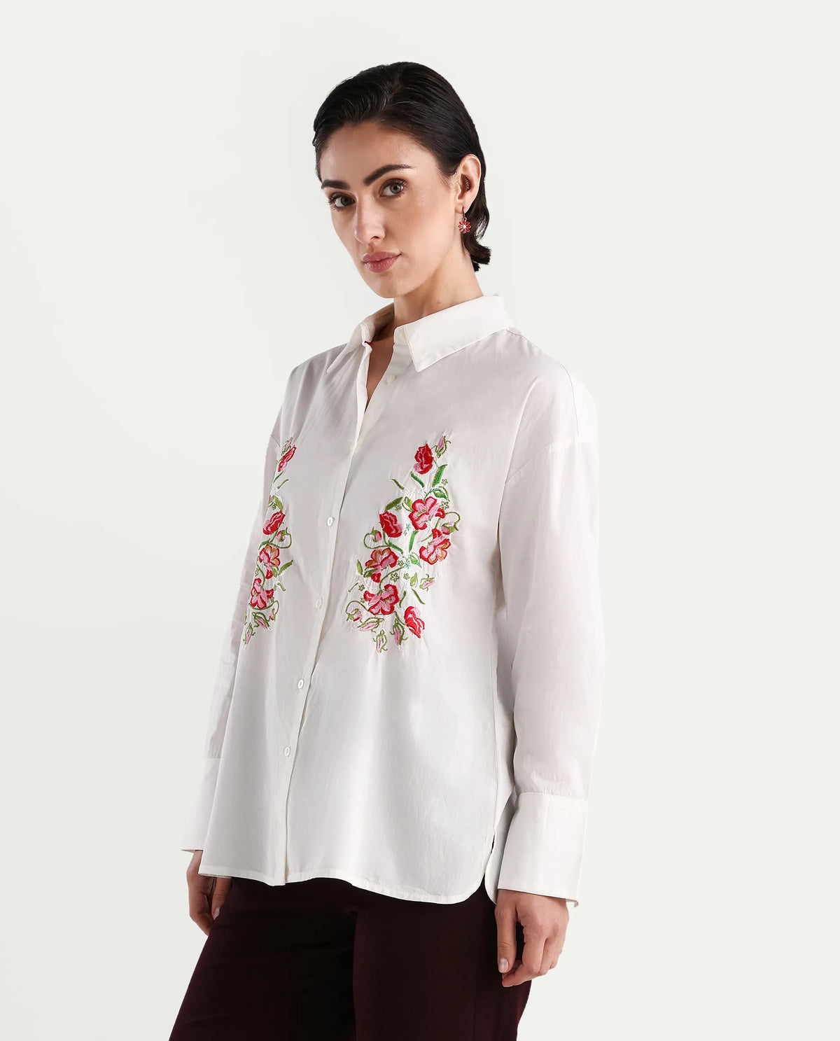 Rareism Women's Ronshei White Cotton Spread Collar Floral Print Regular Fit Shirt