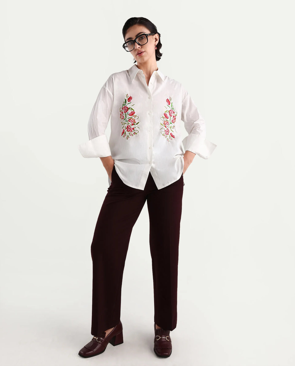 Rareism Women's Ronshei White Cotton Spread Collar Floral Print Regular Fit Shirt