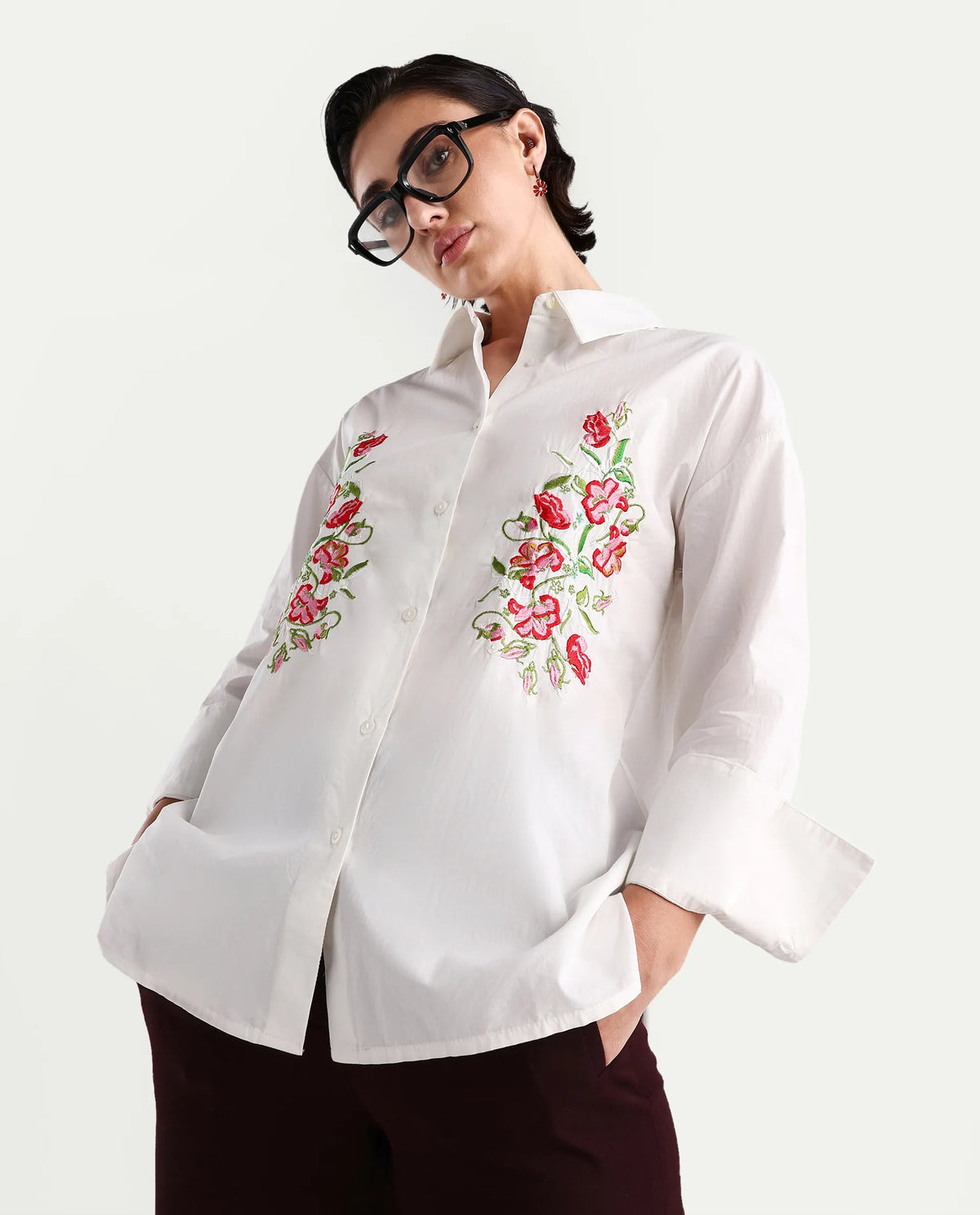 Rareism Women's Ronshei White Cotton Spread Collar Floral Print Regular Fit Shirt