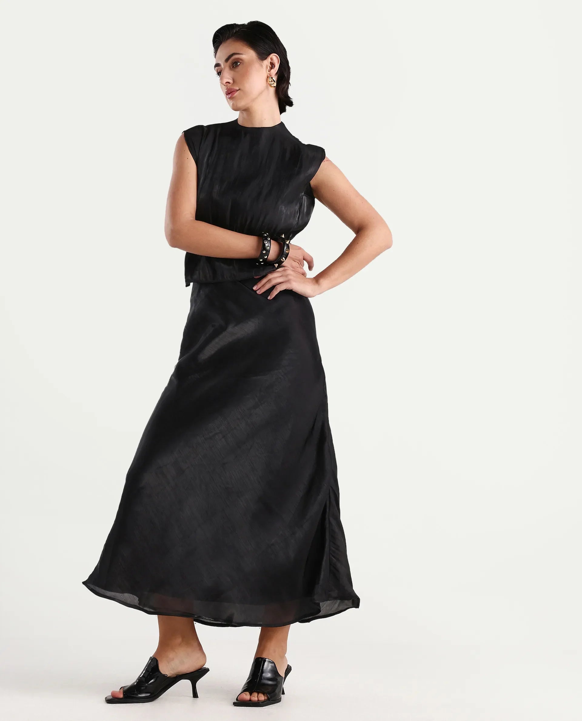 Rareism Women's Ronski Black Polyester Plain Maxi A-Line Skirt