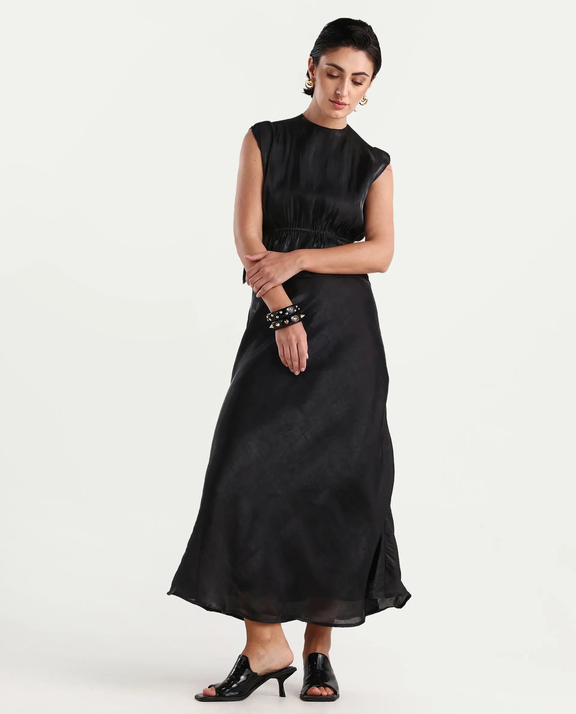 Rareism Women's Ronski Black Polyester Plain Maxi A-Line Skirt