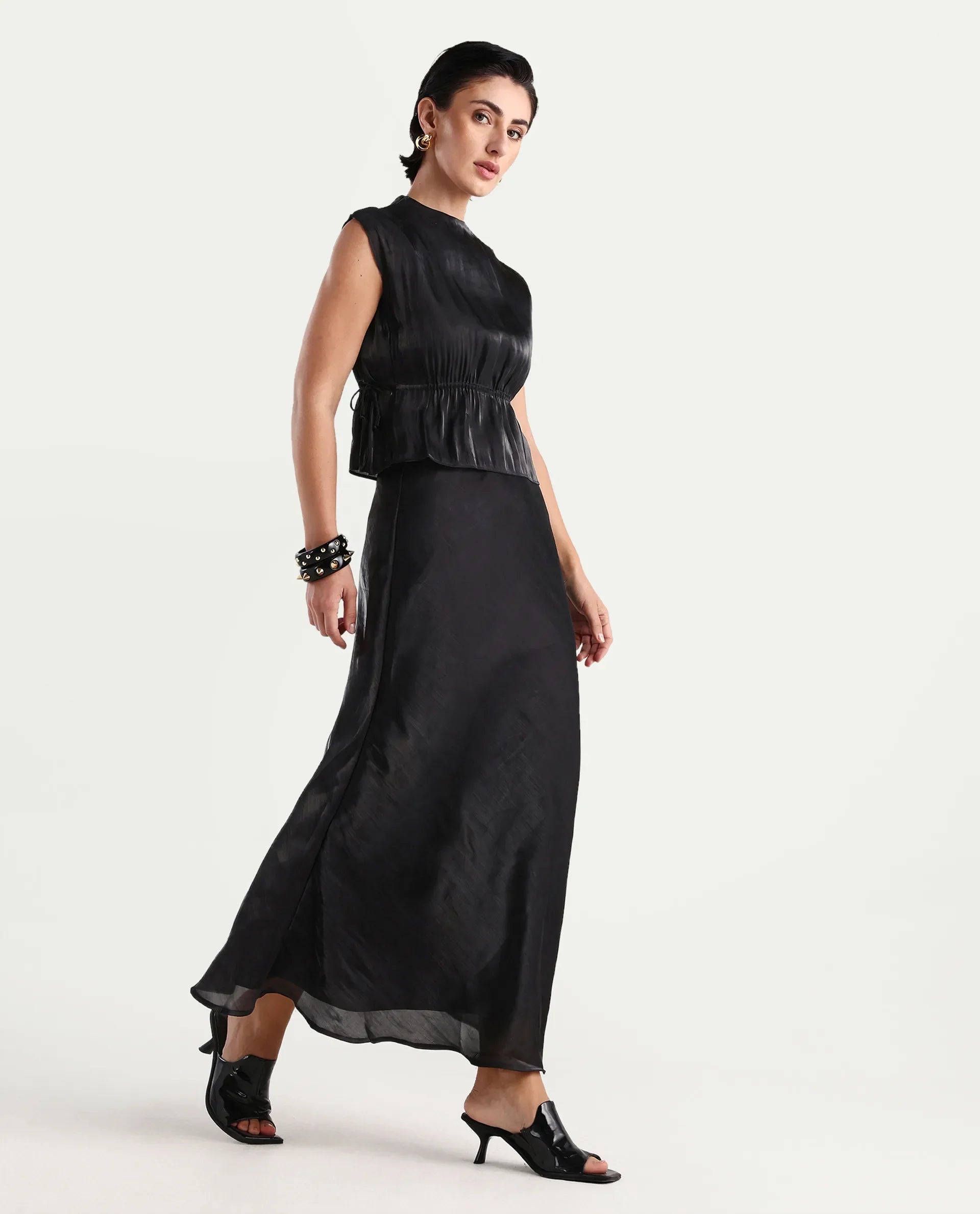 Rareism Women's Ronski Black Polyester Plain Maxi A-Line Skirt