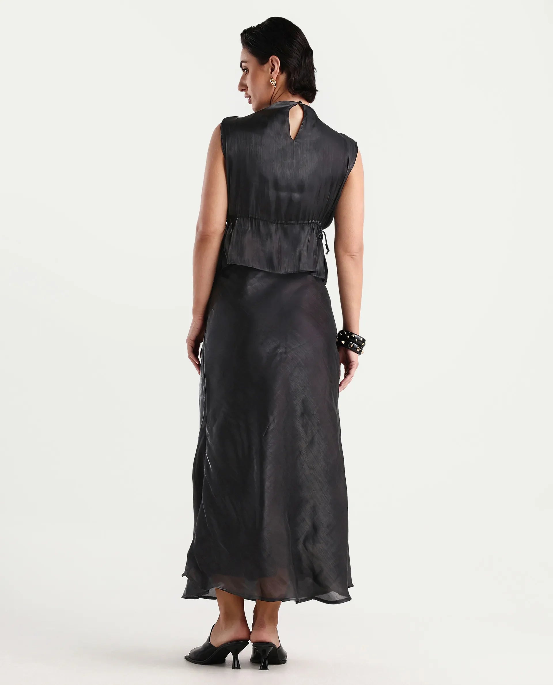 Rareism Women's Ronski Black Polyester Plain Maxi A-Line Skirt