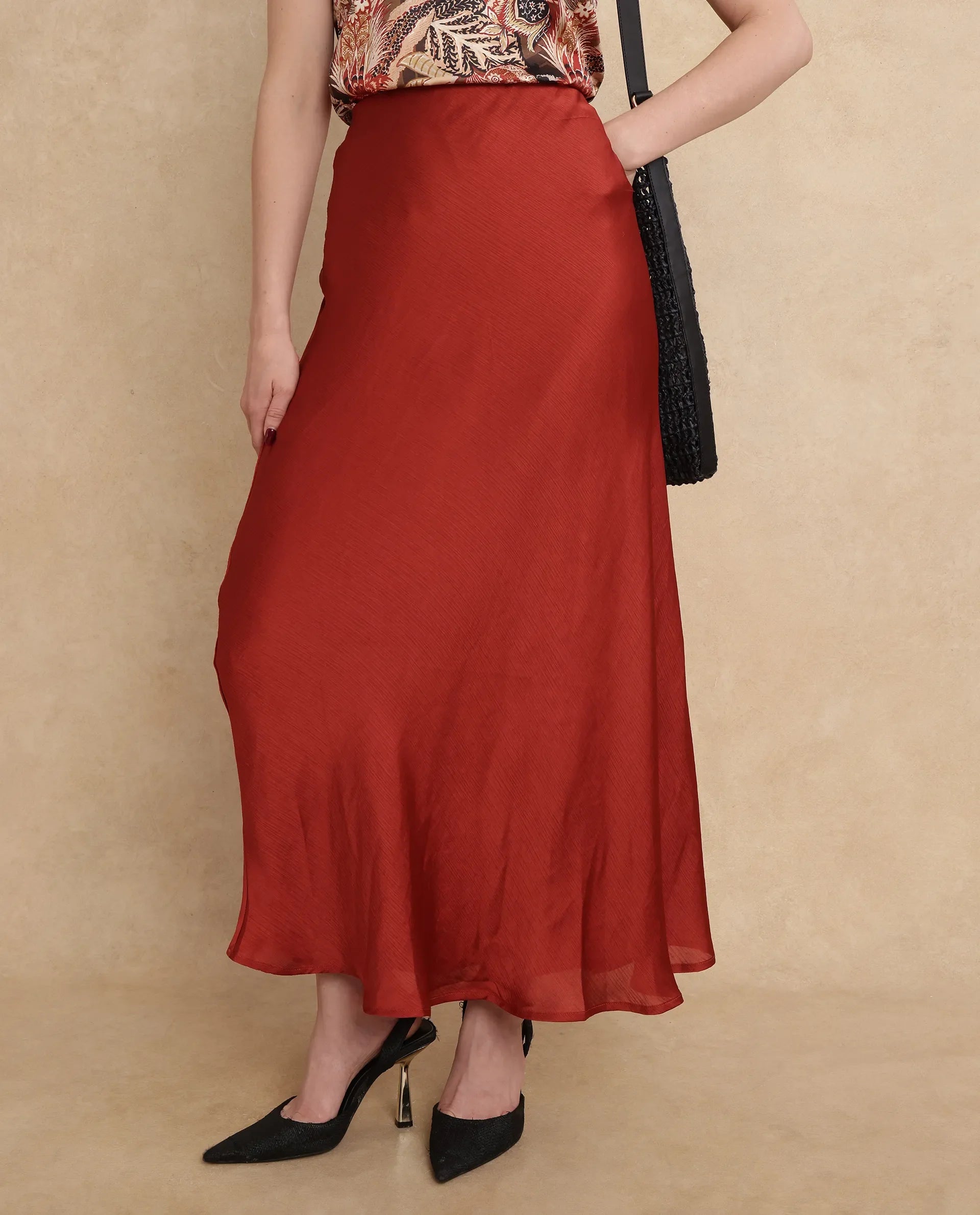 Rareism Women's Ronu B Rust Polyester Plain Maxi Fitted Skirt