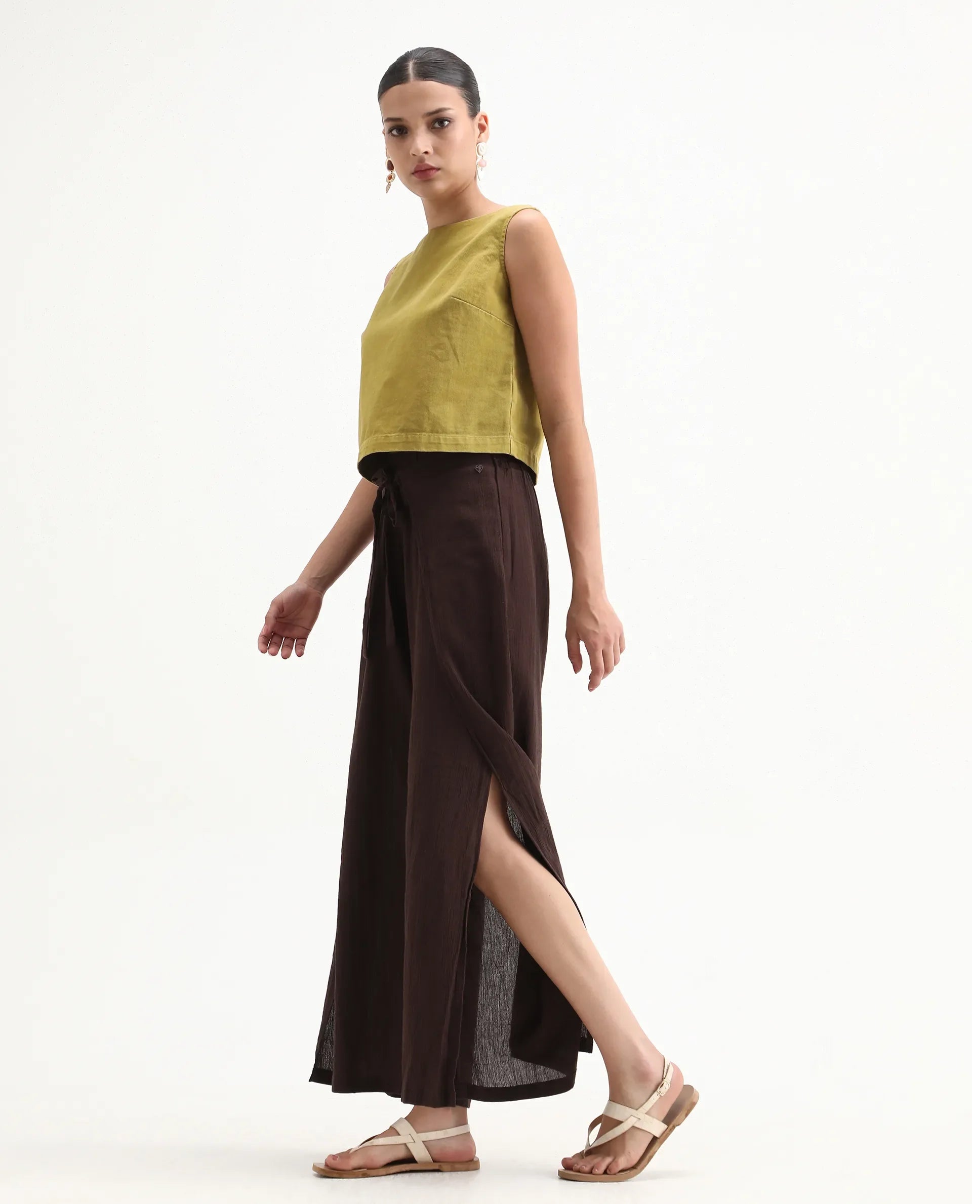 Rareism Women's Ronuz Brown Cotton Plain Ankle Length Straight Fit Trouser