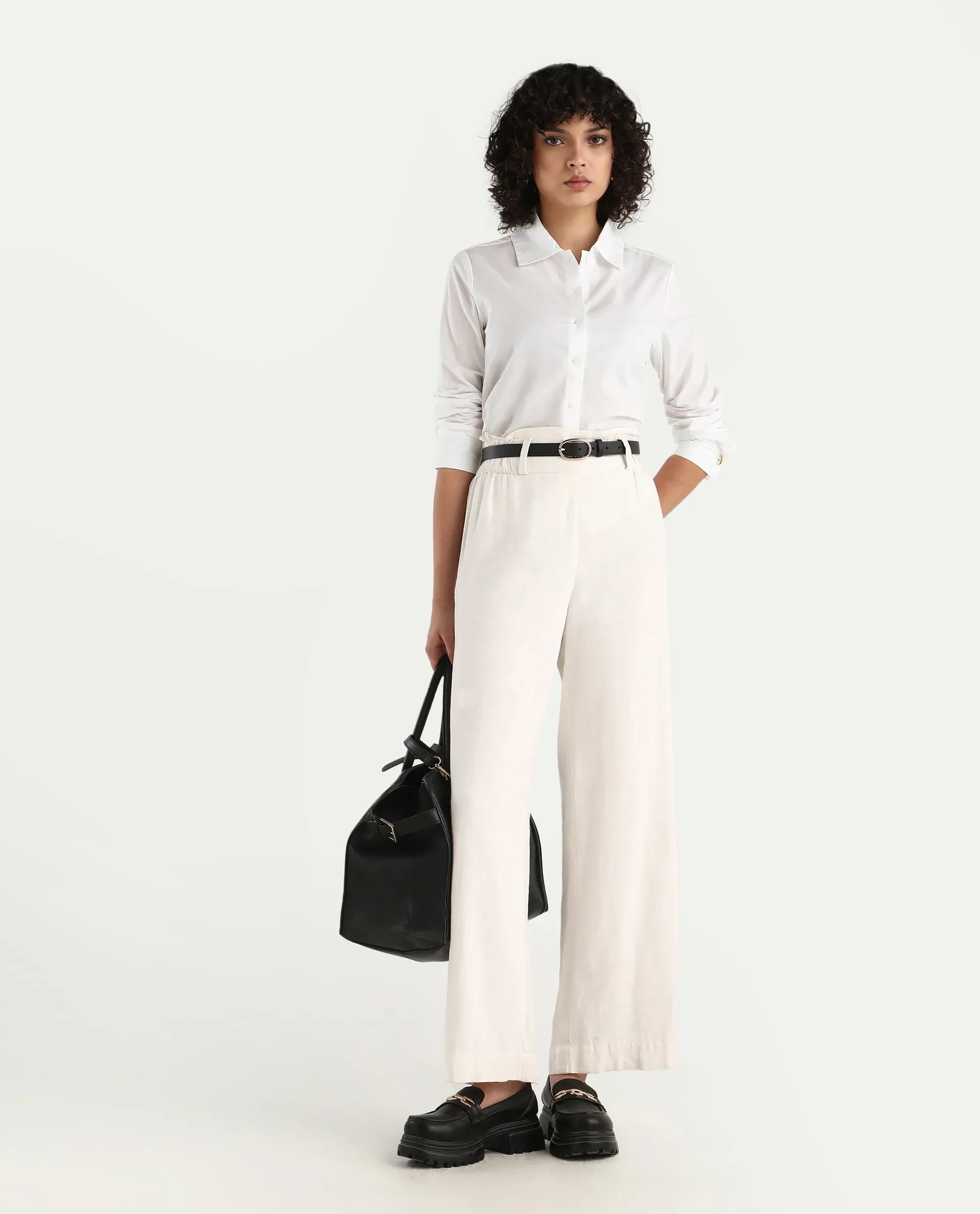 Rareism Women's Ronwio White Cotton Spread Collar Plain Cuffed Sleeve Crop Regular Fit Shirt