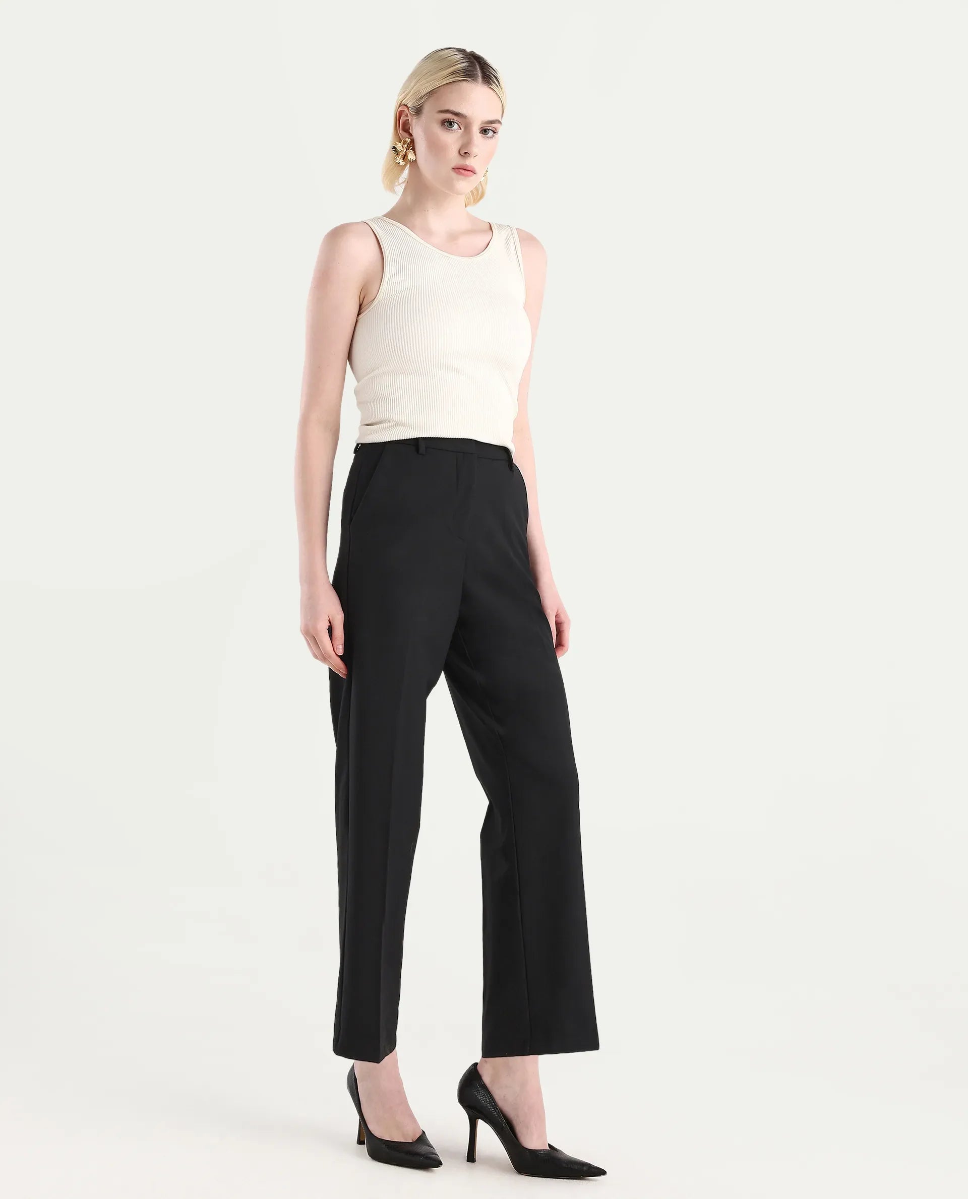 Rareism Women's Ronwip Black Polyester Blend Plain Ankle Length Straight Fit Trouser