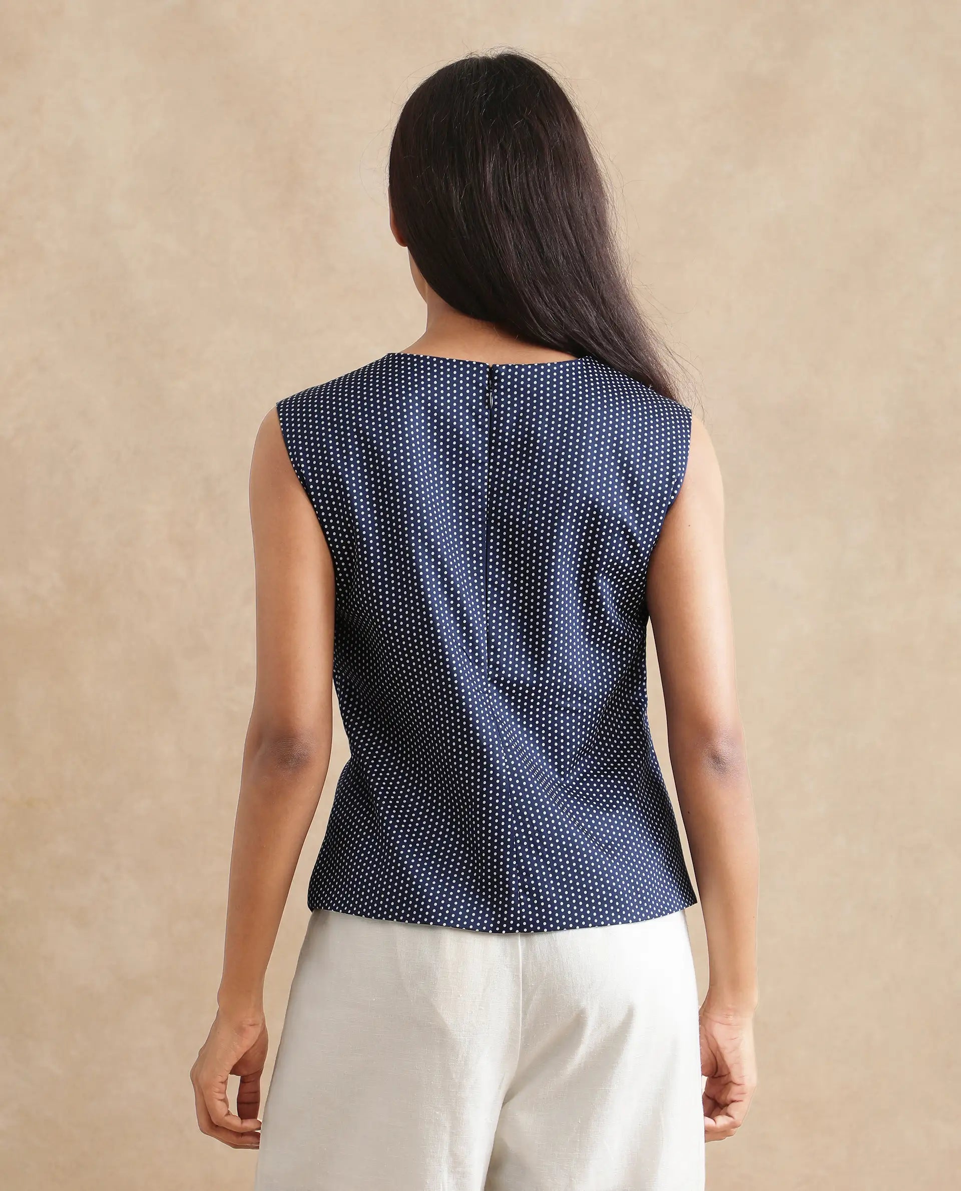 Rareism Women's Ronwolo Blue Cotton Overlap Neck Polka Print Sleeveless Regular Fit Top