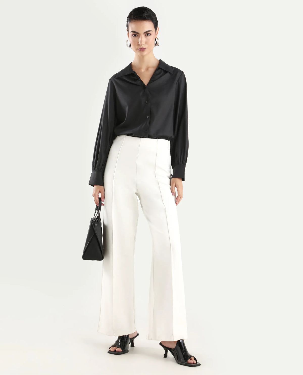 Rareism Women's Ronwopi Black Modal Spread Collar Plain Cuffed Sleeve Regular Fit Shirt