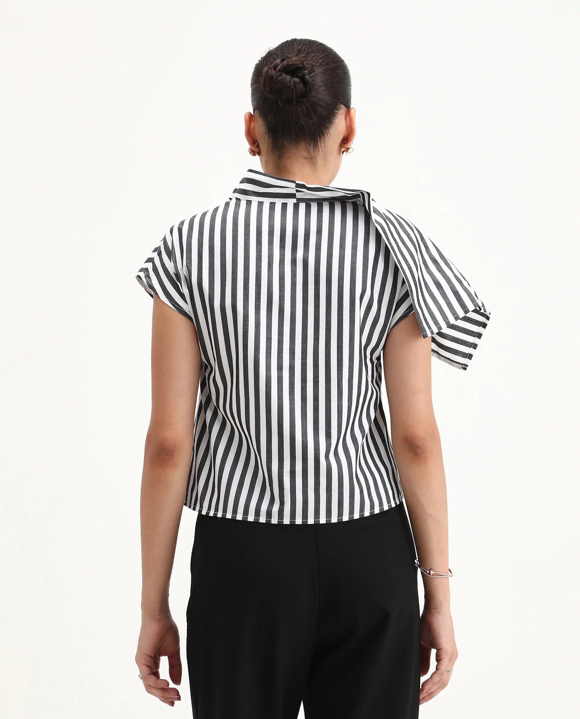 Rareism Women's Ronwor White Cotton Cowl Neck Striped Extended Sleeves Regular Fit Top