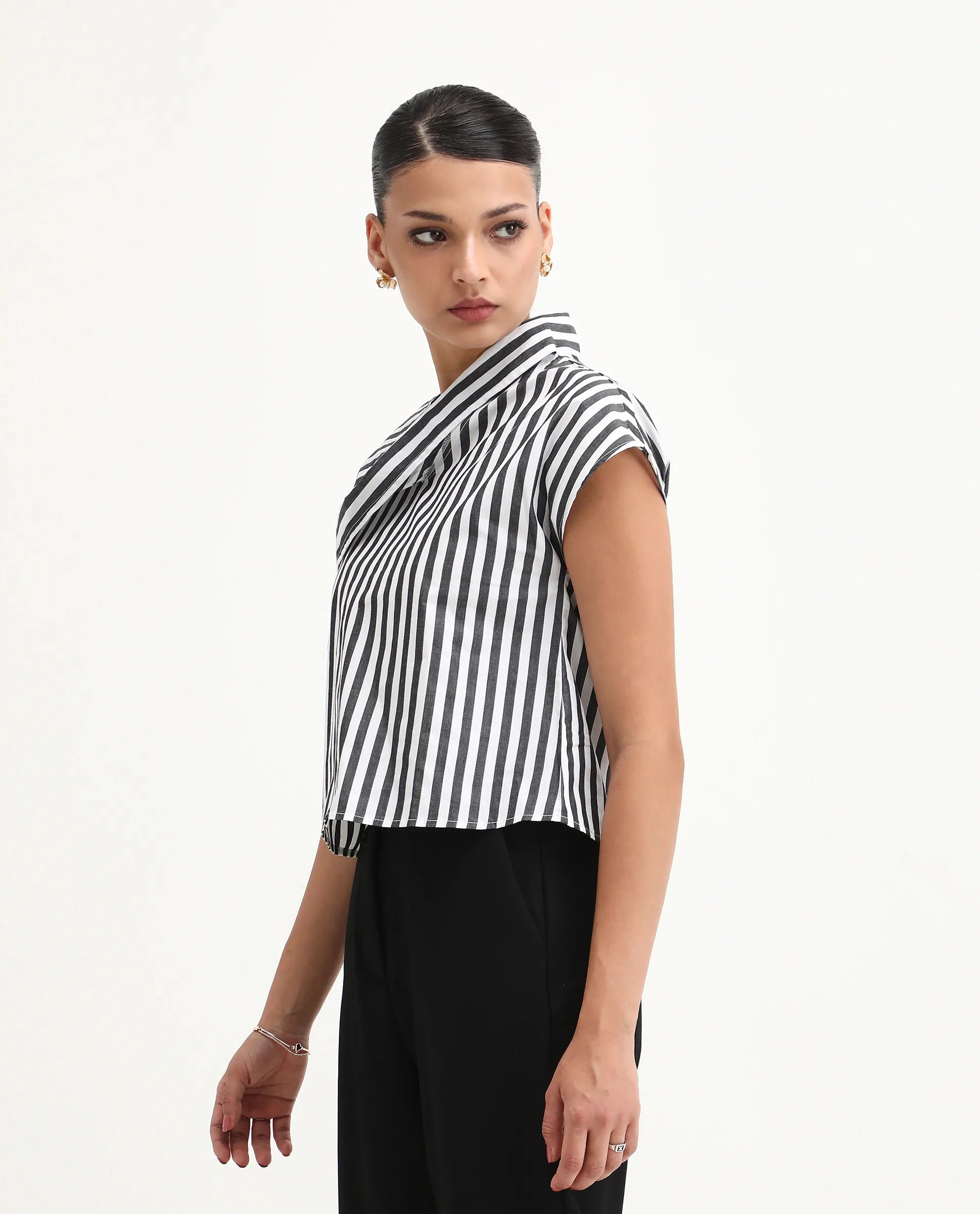 Rareism Women's Ronwor White Cotton Cowl Neck Striped Extended Sleeves Regular Fit Top