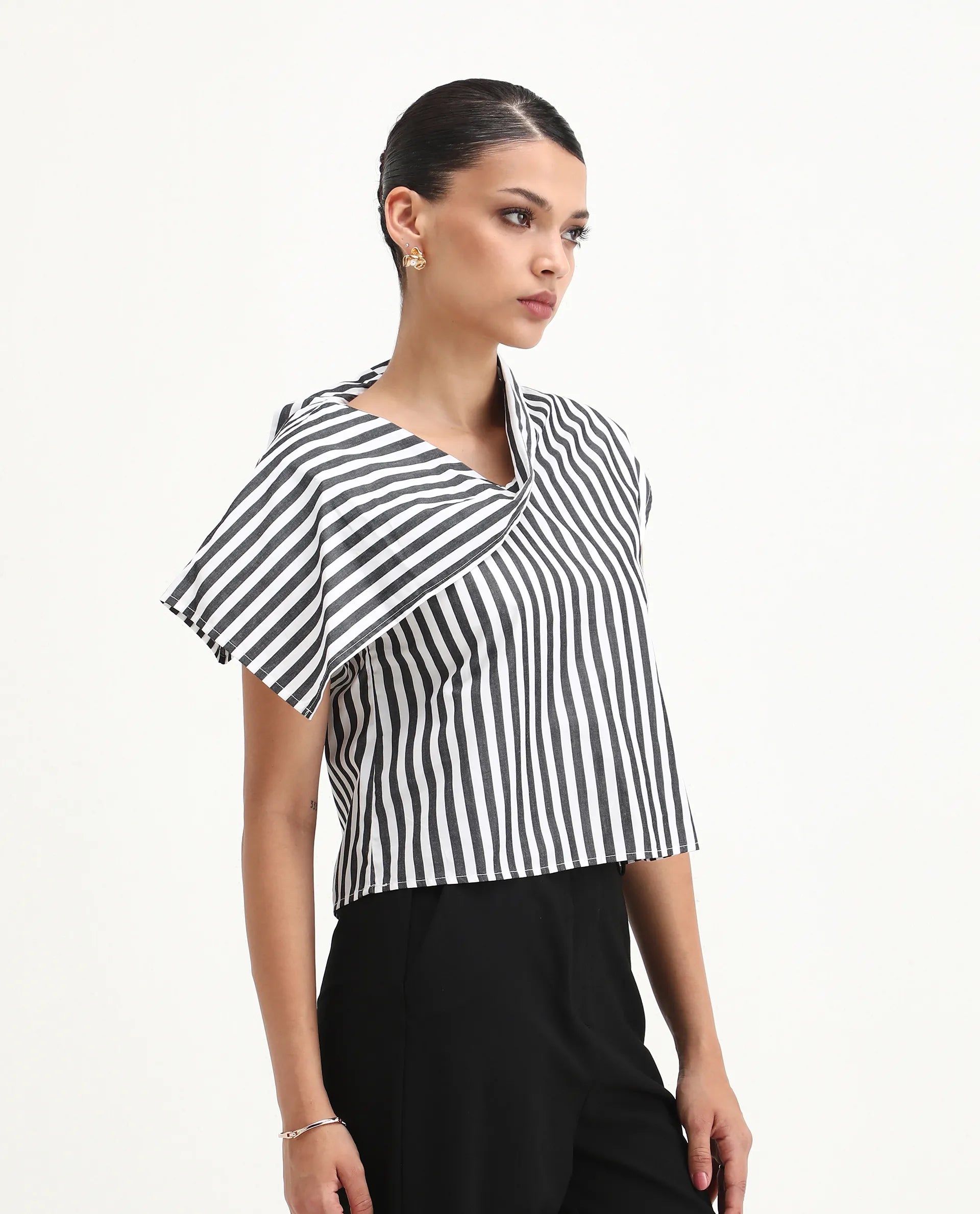 Rareism Women's Ronwor White Cotton Cowl Neck Striped Extended Sleeves Regular Fit Top