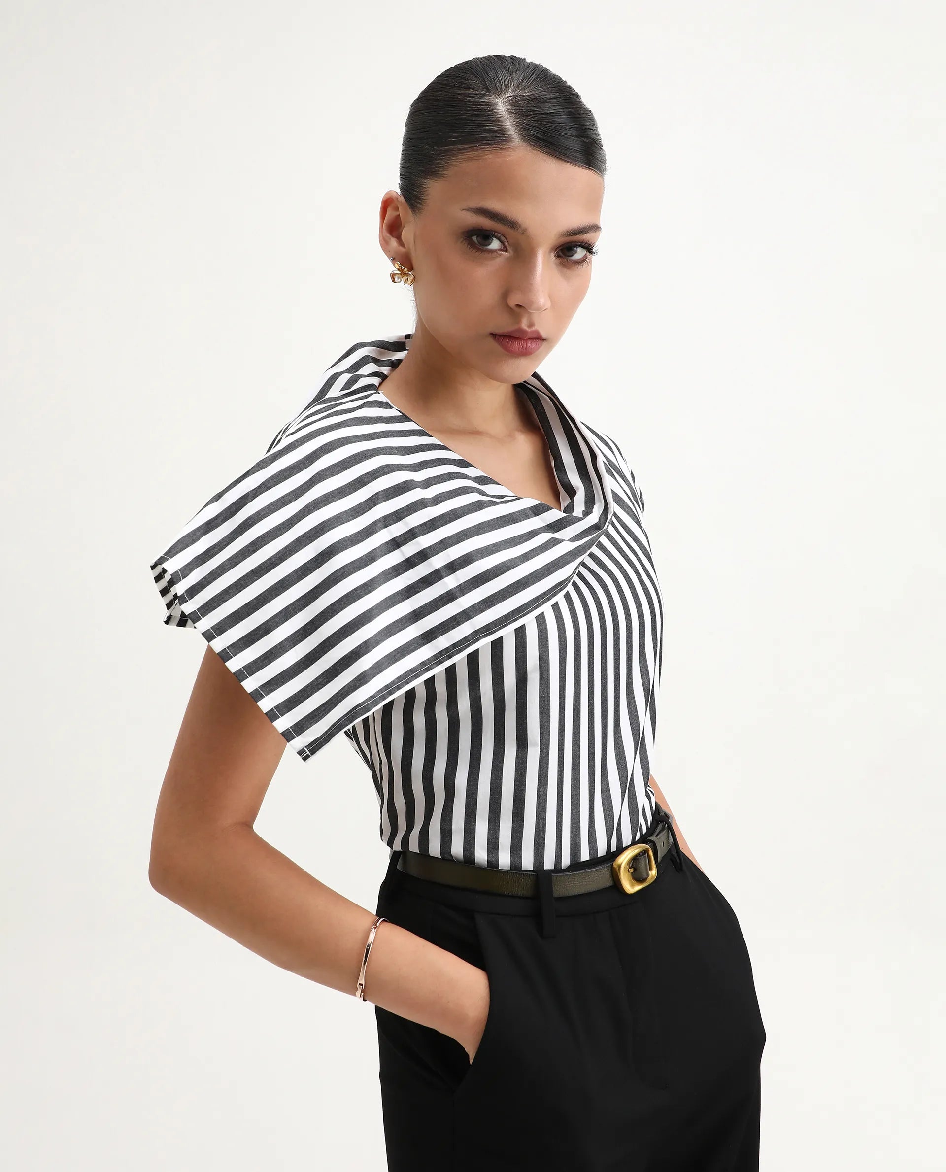 Rareism Women's Ronwor White Cotton Cowl Neck Striped Extended Sleeves Regular Fit Top