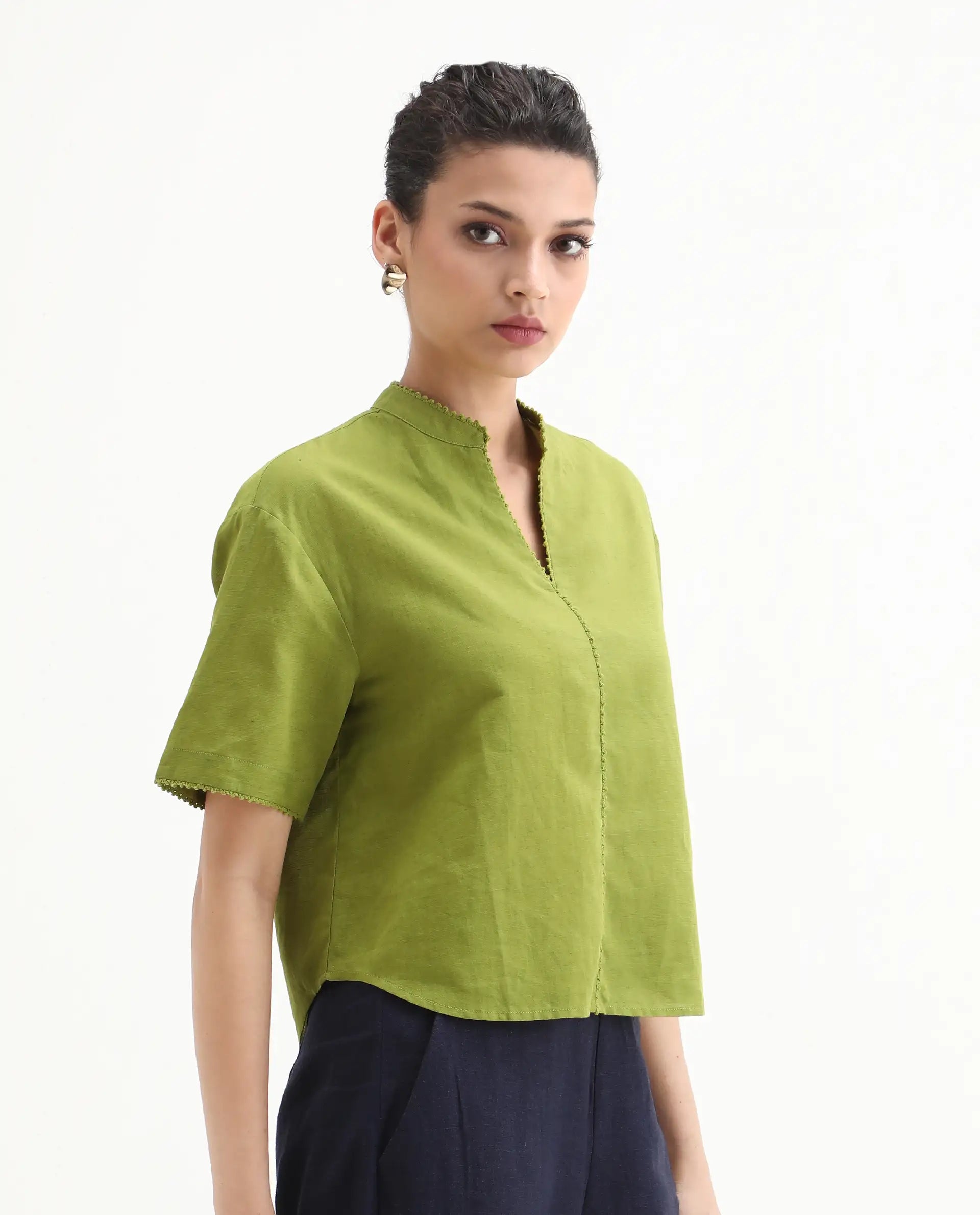 Rareism Women's Rony Olive Linen Mandarin Collar Plain Regular Fit Top