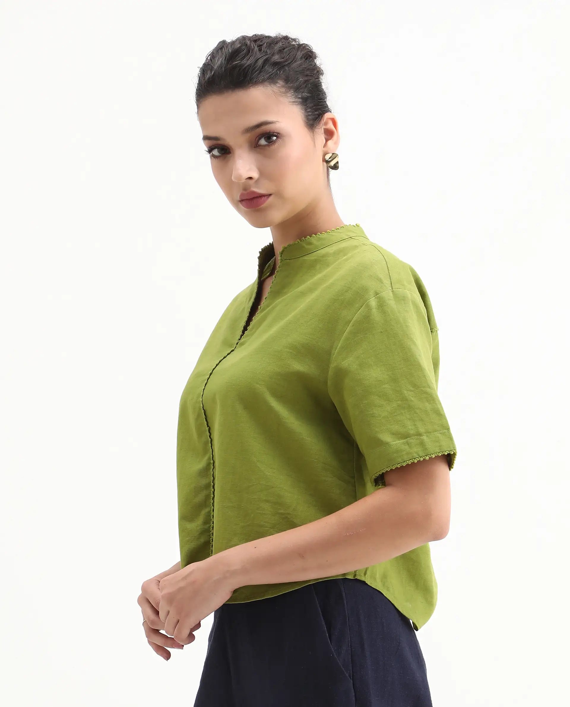 Rareism Women's Rony Olive Linen Mandarin Collar Plain Regular Fit Top