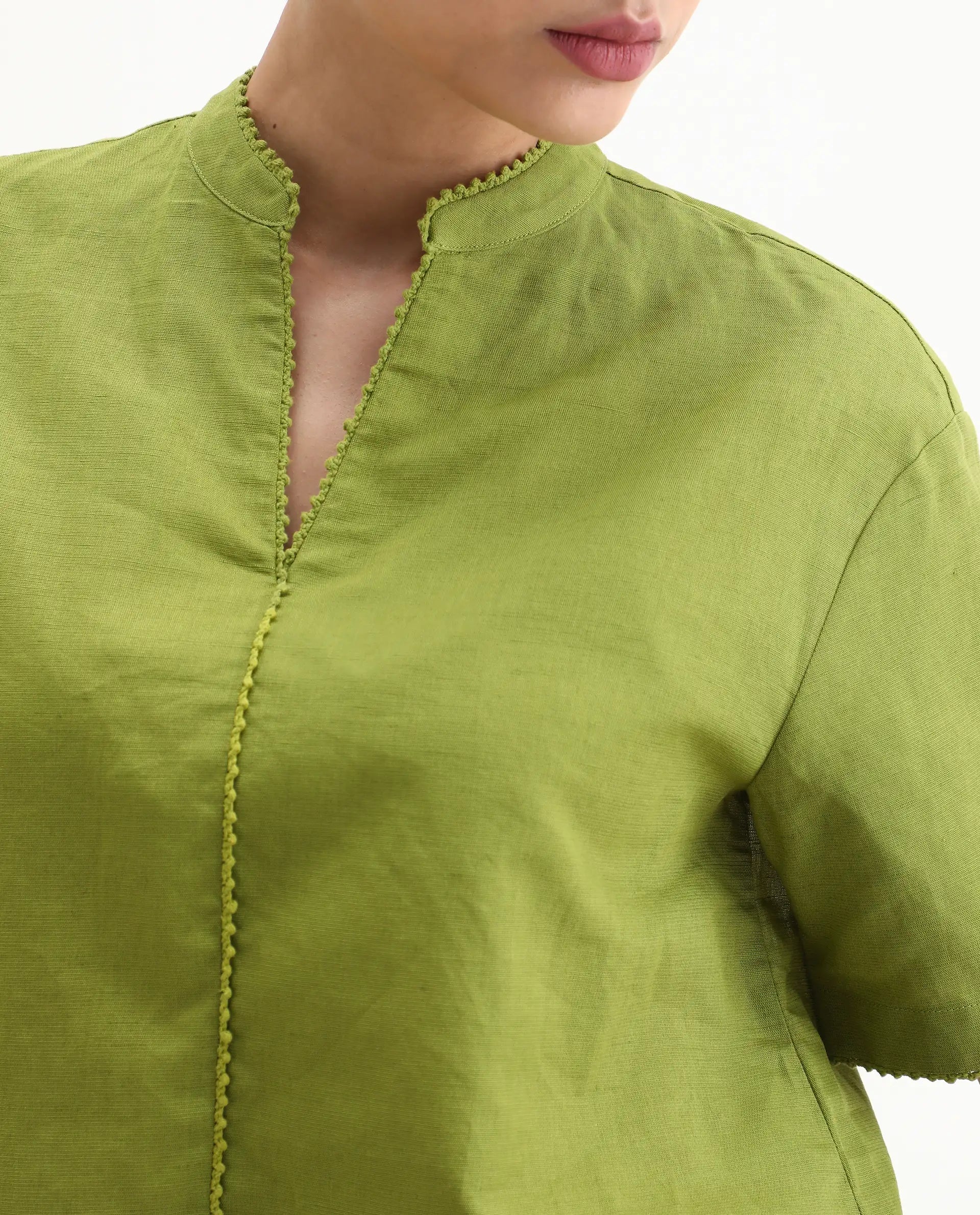 Rareism Women's Rony Olive Cotton Blend Mandarin Collar Plain Regular Fit Top