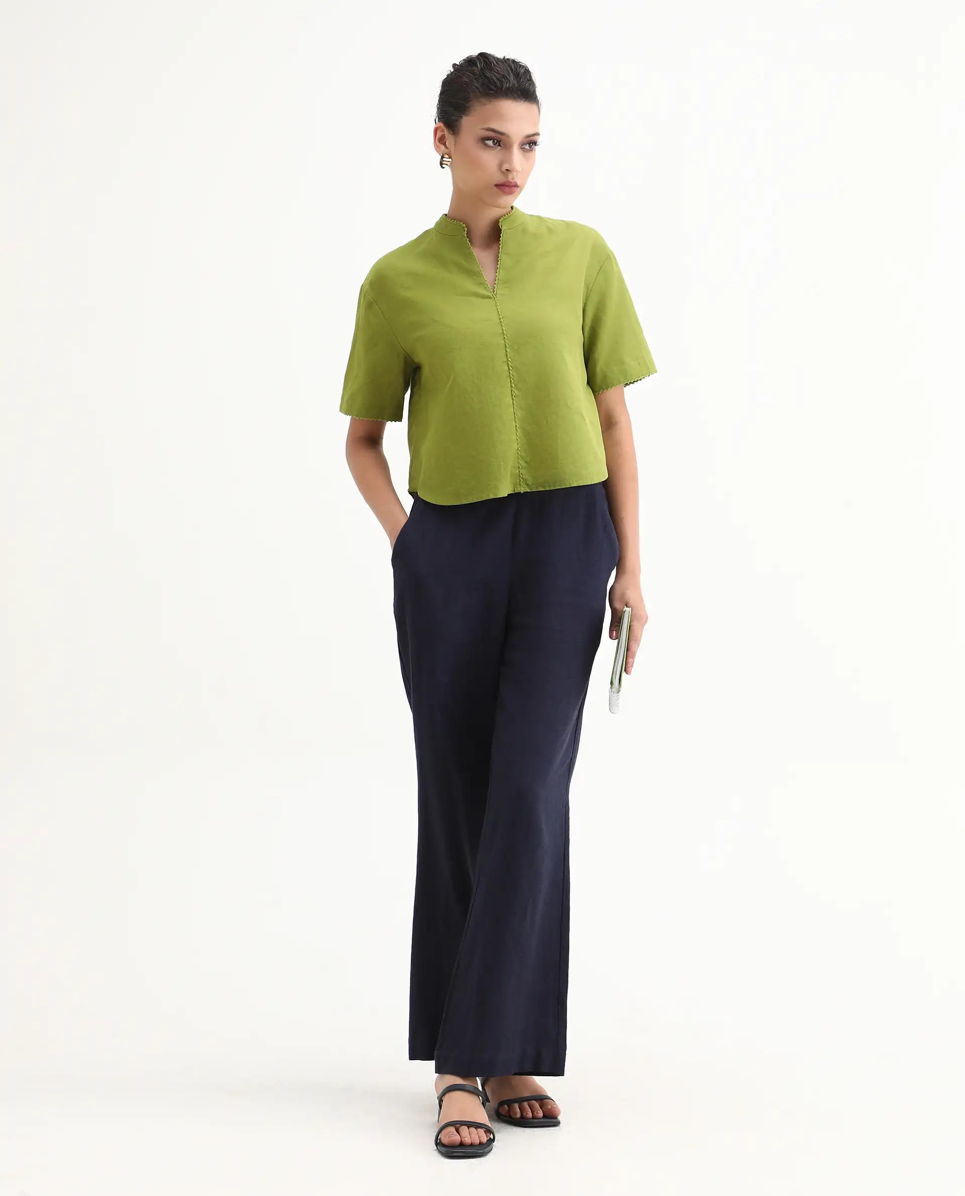 Rareism Women's Rony Olive Cotton Blend Mandarin Collar Plain Regular Fit Top