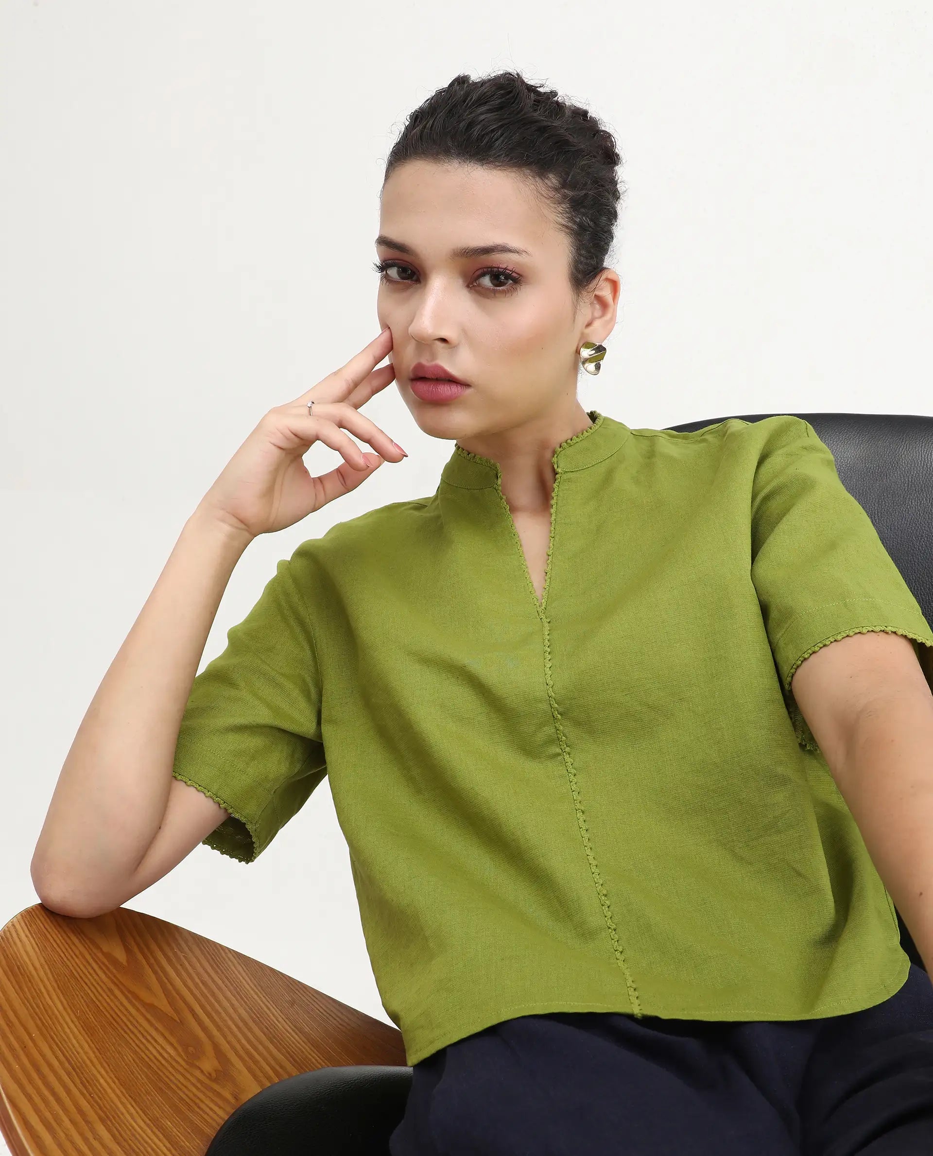 Rareism Women's Rony Olive Cotton Blend Mandarin Collar Plain Regular Fit Top