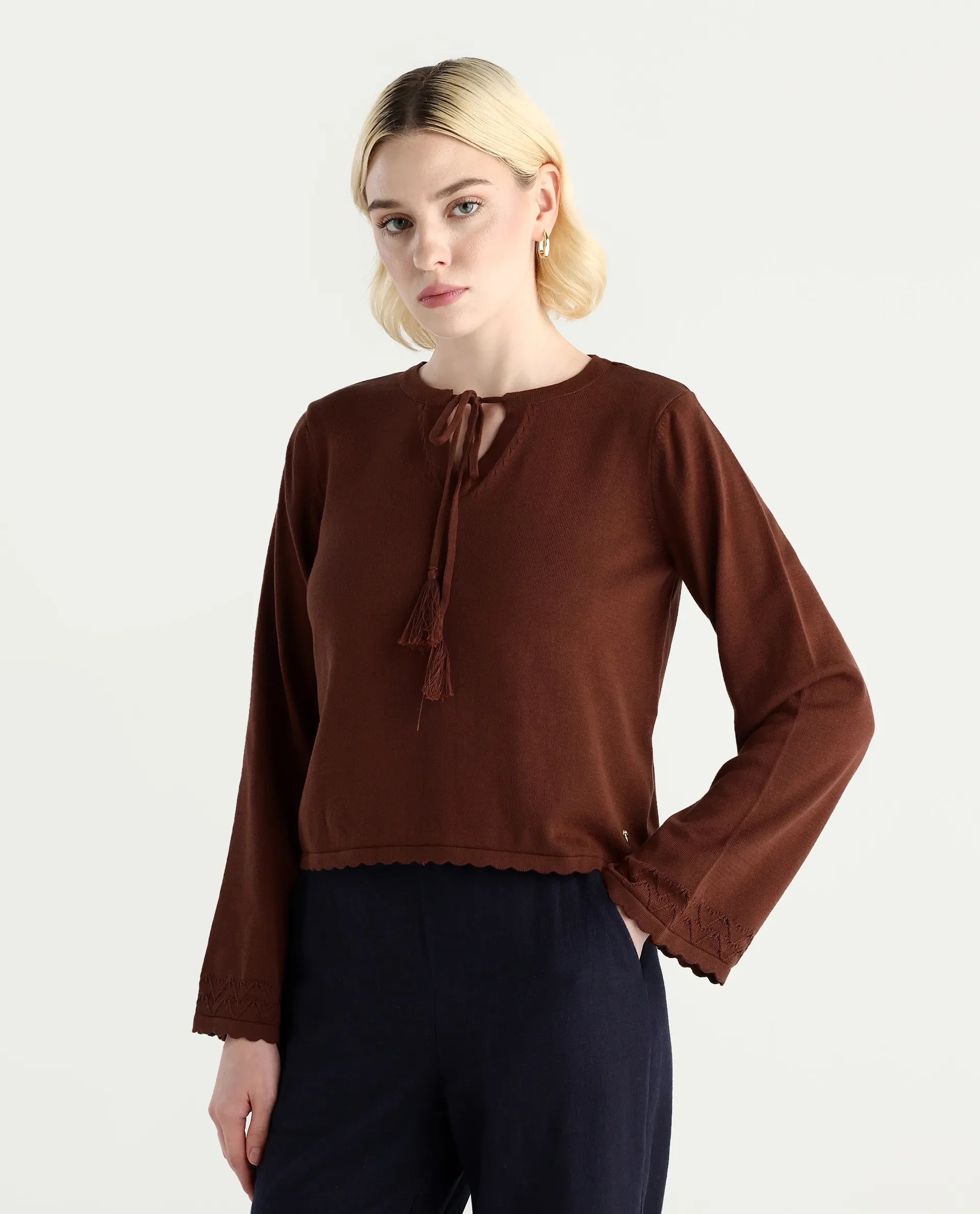 Rareism Women's Ronzmu Dark Brown Cotton Tie-Up Neck Plain Regular Fit Top