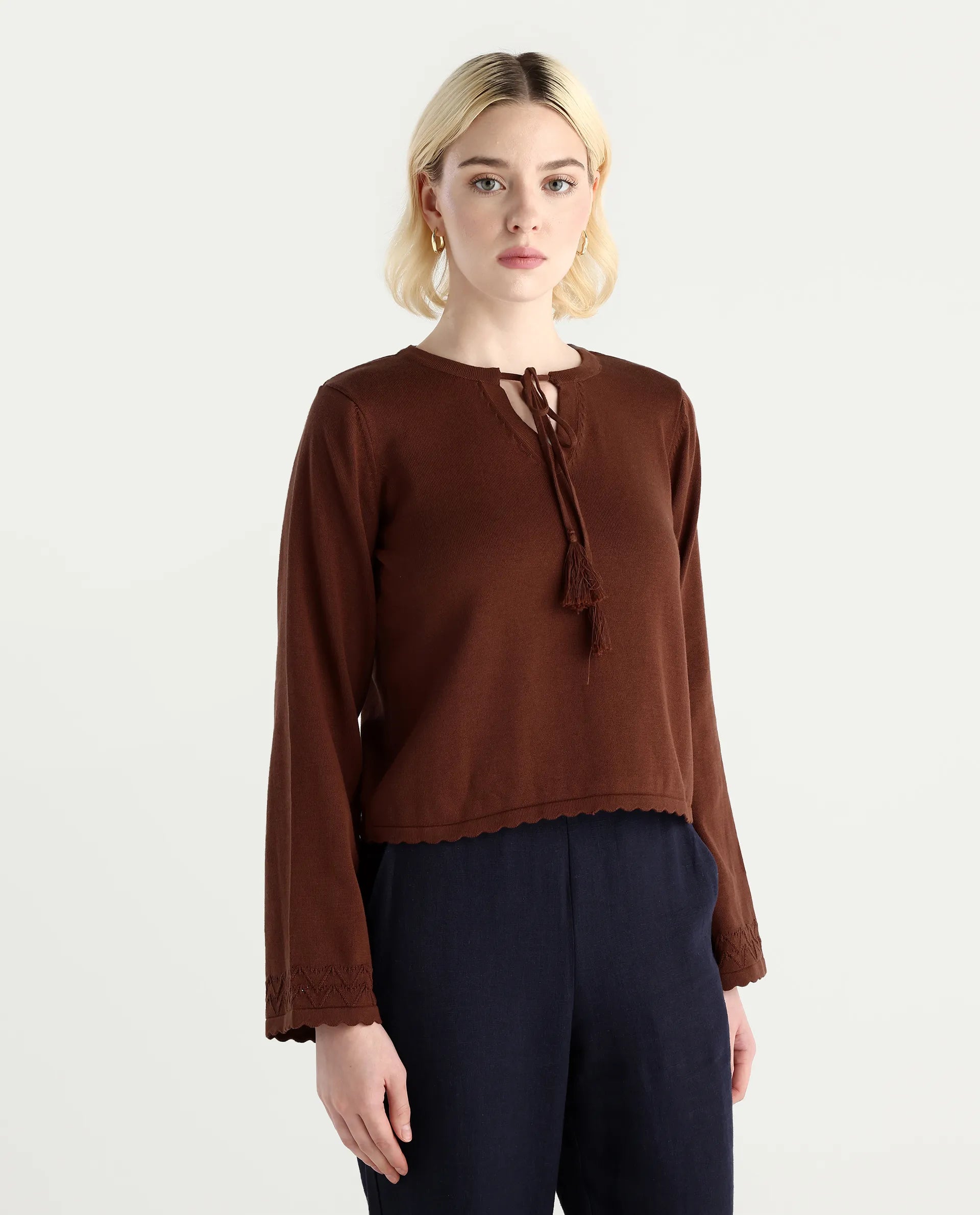 Rareism Women's Ronzmu Dark Brown Cotton Tie-Up Neck Plain Regular Fit Top