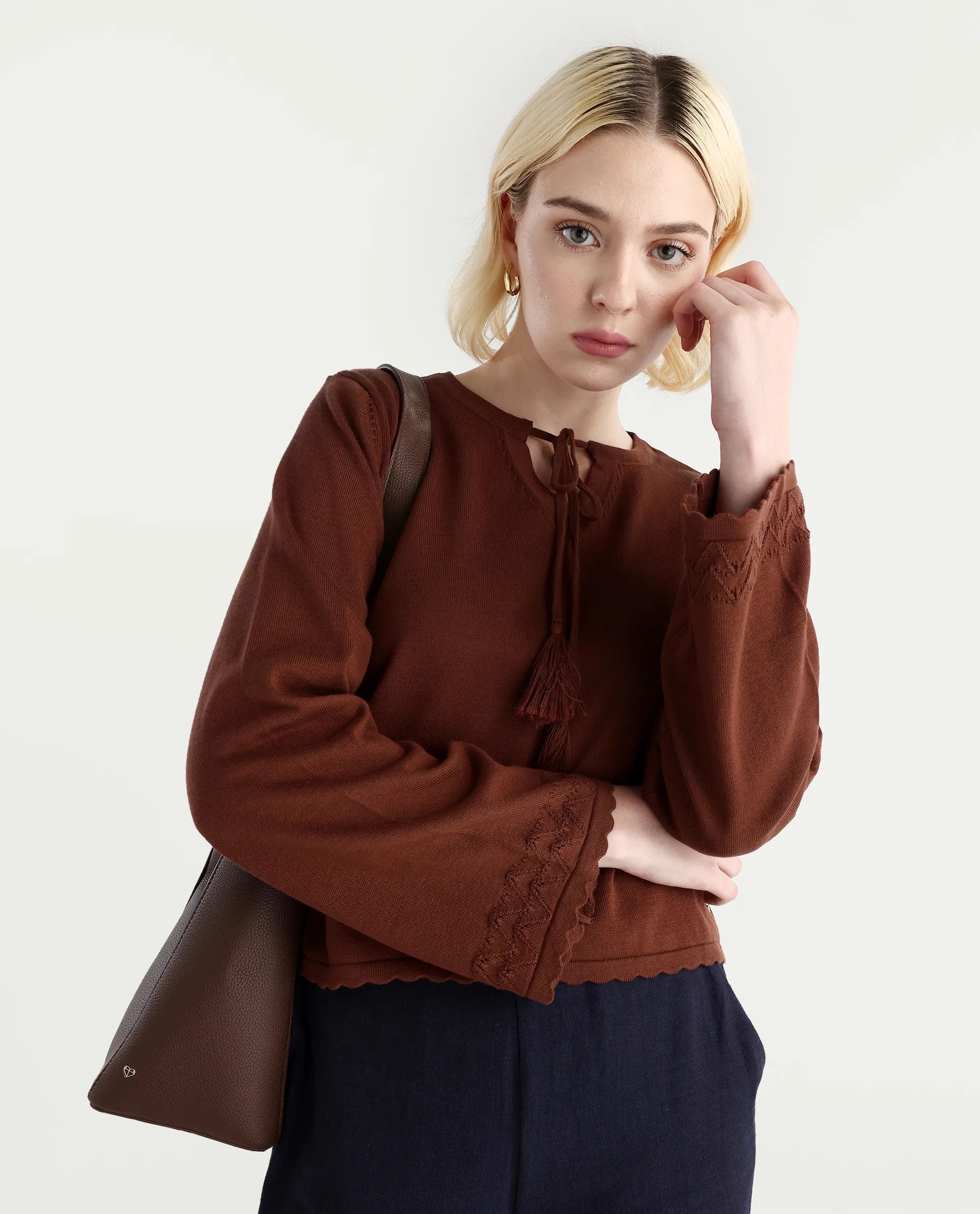 Rareism Women's Ronzmu Dark Brown Cotton Tie-Up Neck Plain Regular Fit Top