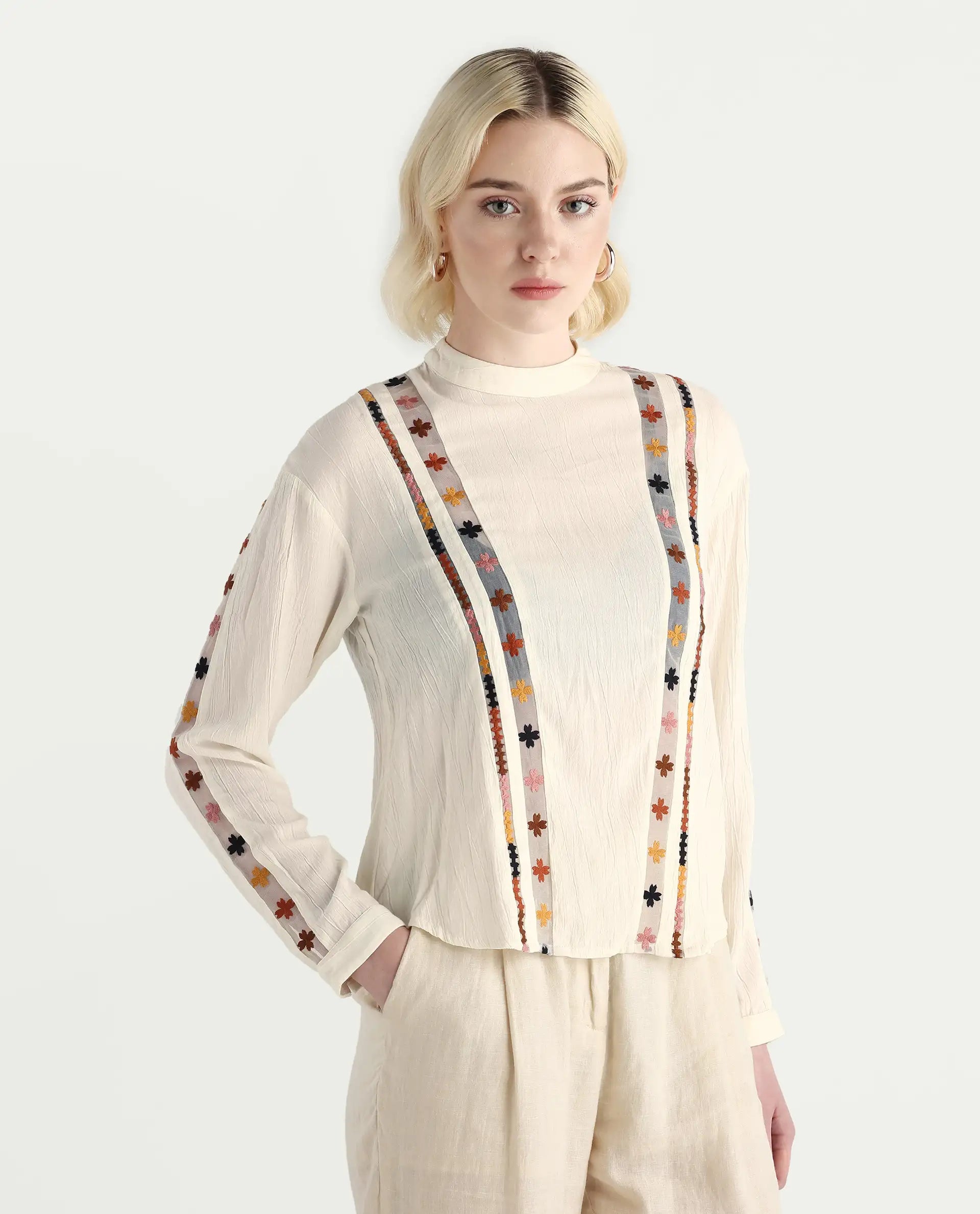 Rareism Women's Ronz Off White Viscose Round Neck Embroidered Relaxed Fit Top