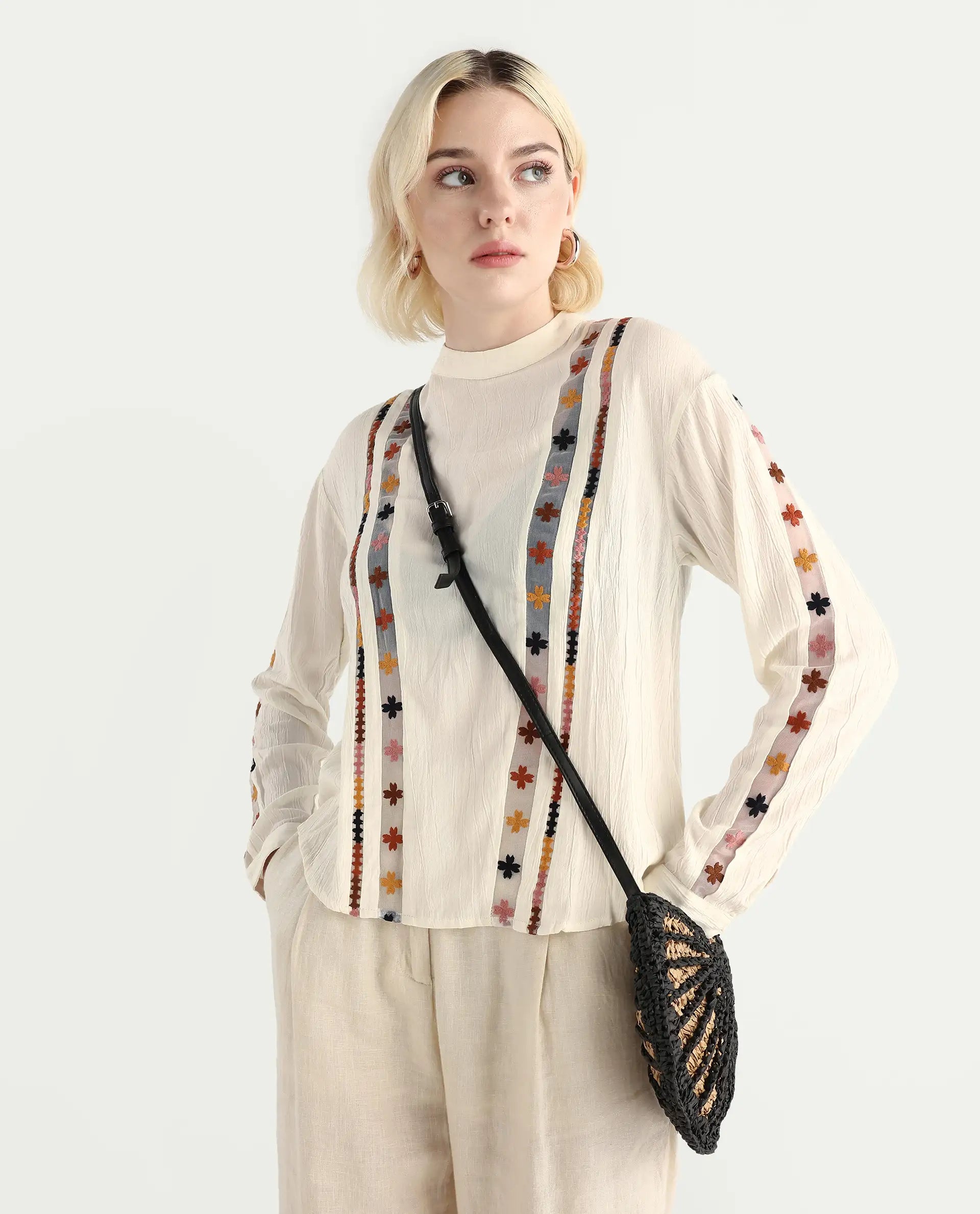 Rareism Women's Ronz Off White Viscose Round Neck Embroidered Relaxed Fit Top