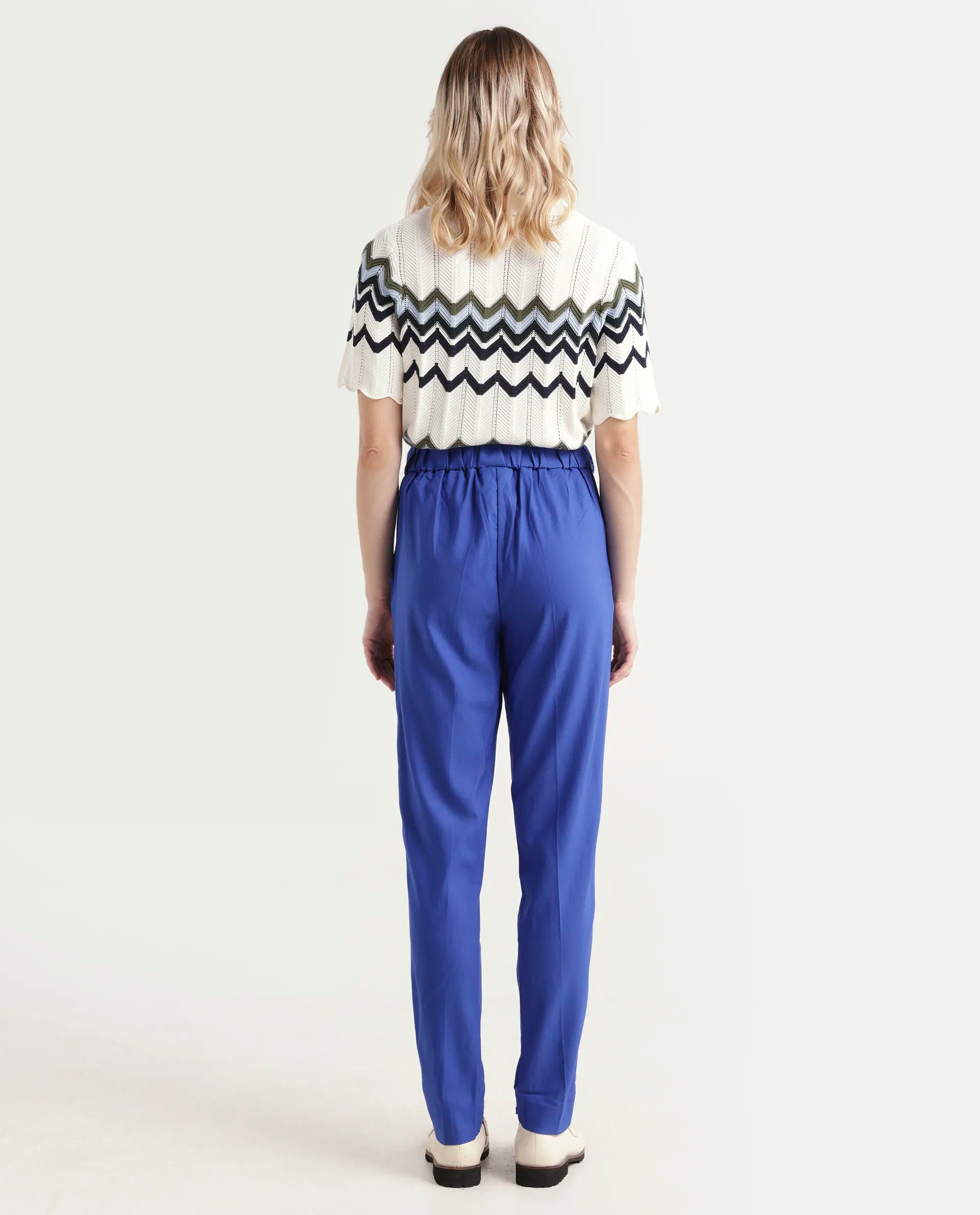 Rareism Women's Rosalia Blue Polyester Blend Plain Ankle Length Relaxed Fit Trouser