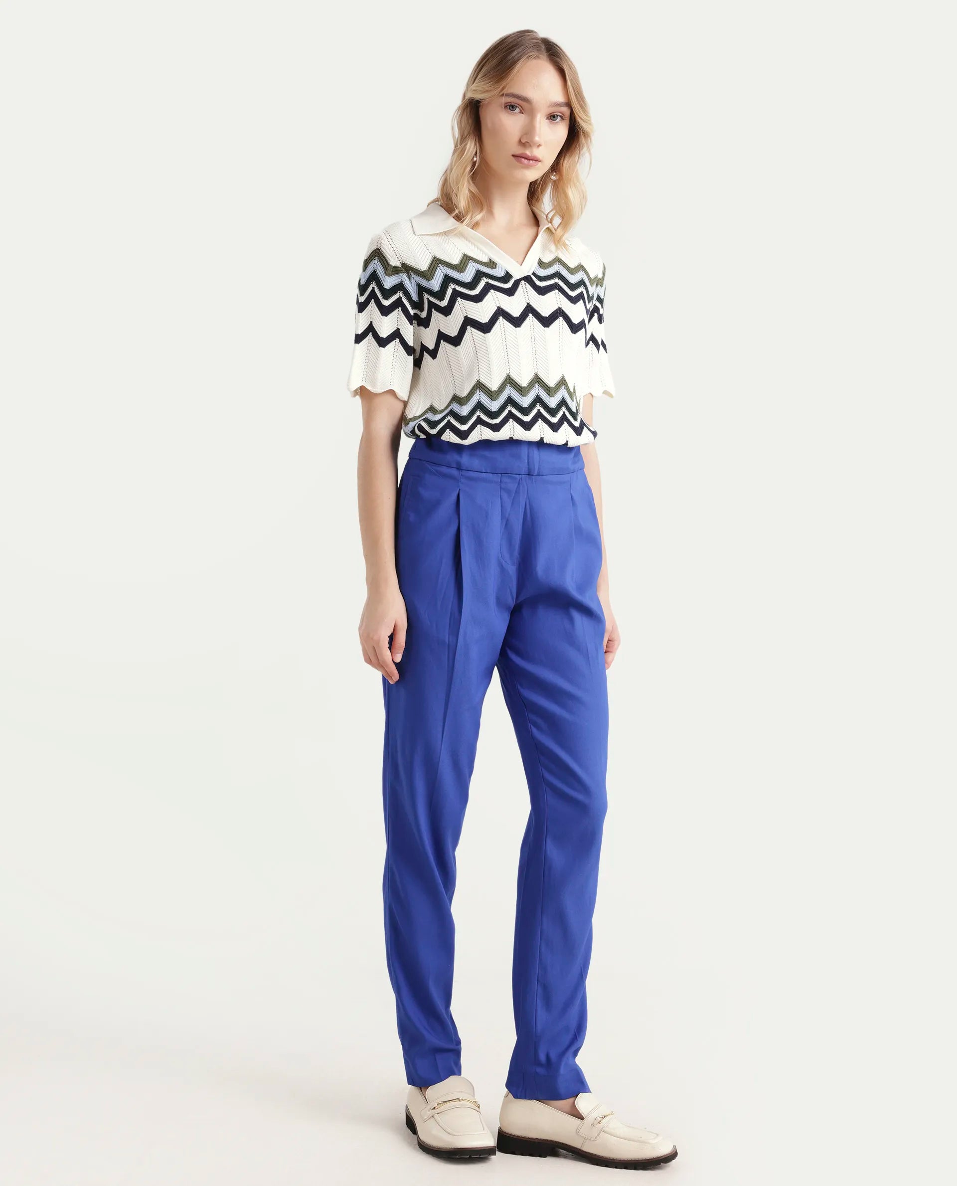 Rareism Women's Rosalia Blue Polyester Blend Plain Ankle Length Relaxed Fit Trouser