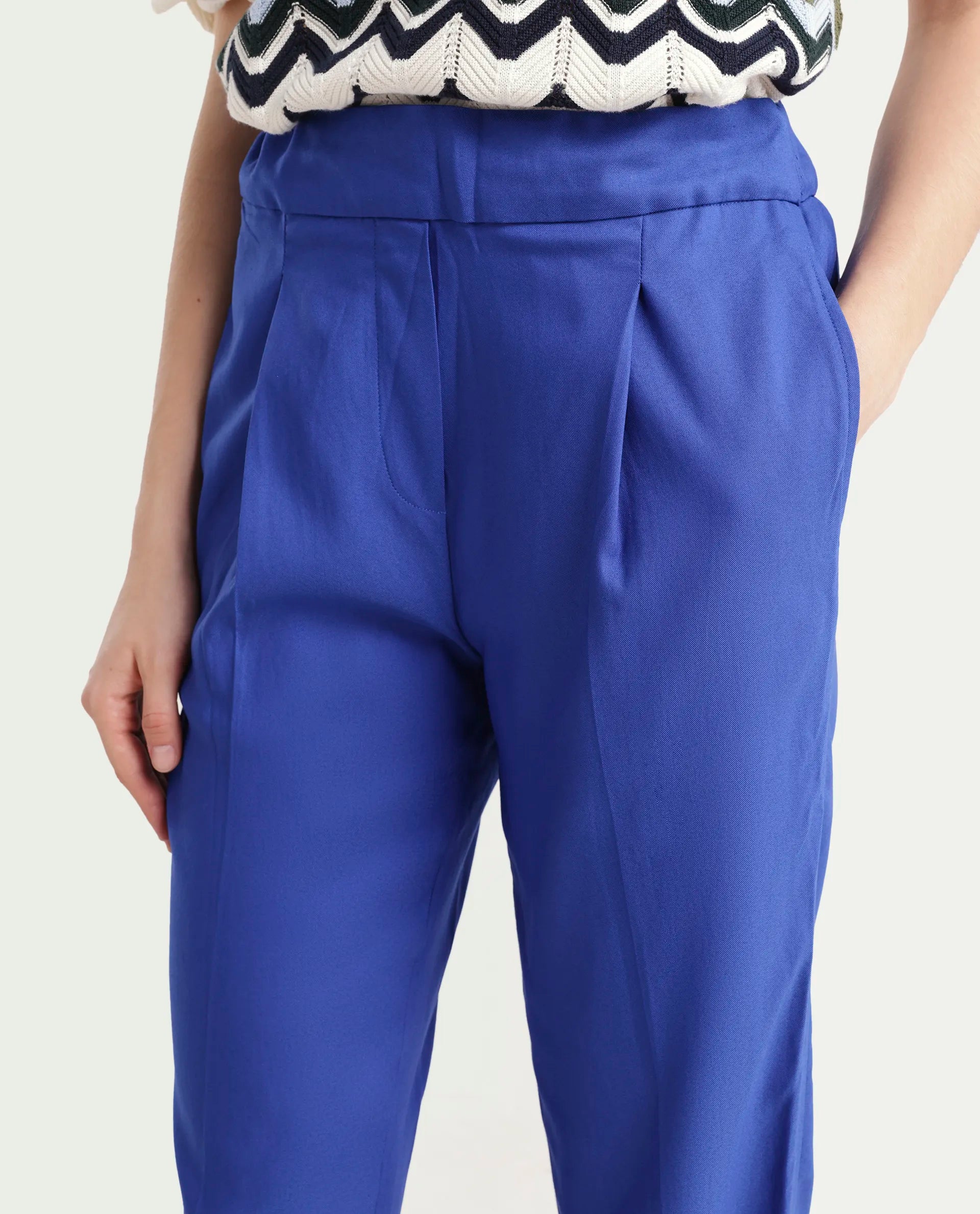 Rareism Women's Rosalia Blue Polyester Blend Plain Ankle Length Relaxed Fit Trouser