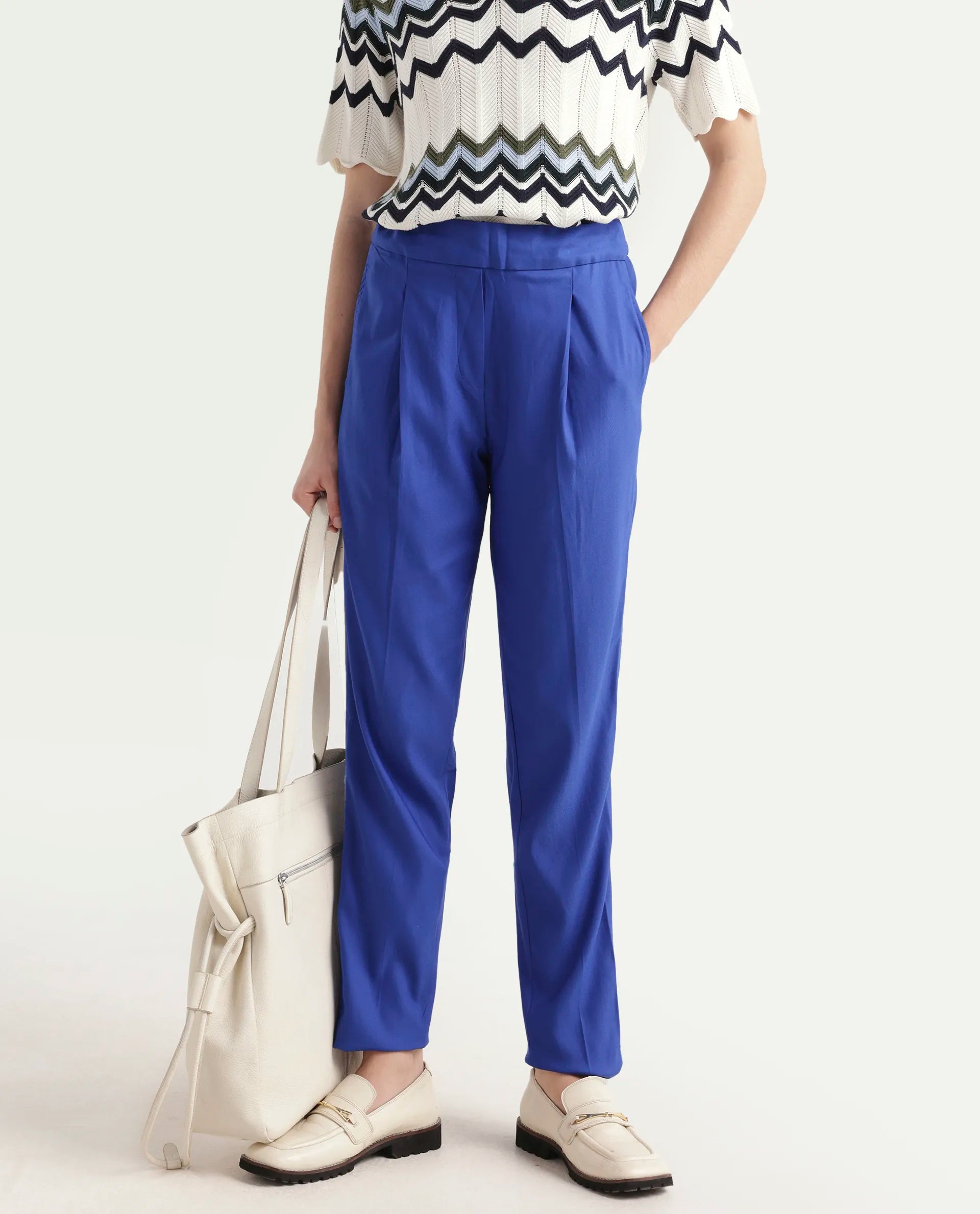 Rareism Women's Rosalia Blue Polyester Blend Plain Ankle Length Relaxed Fit Trouser