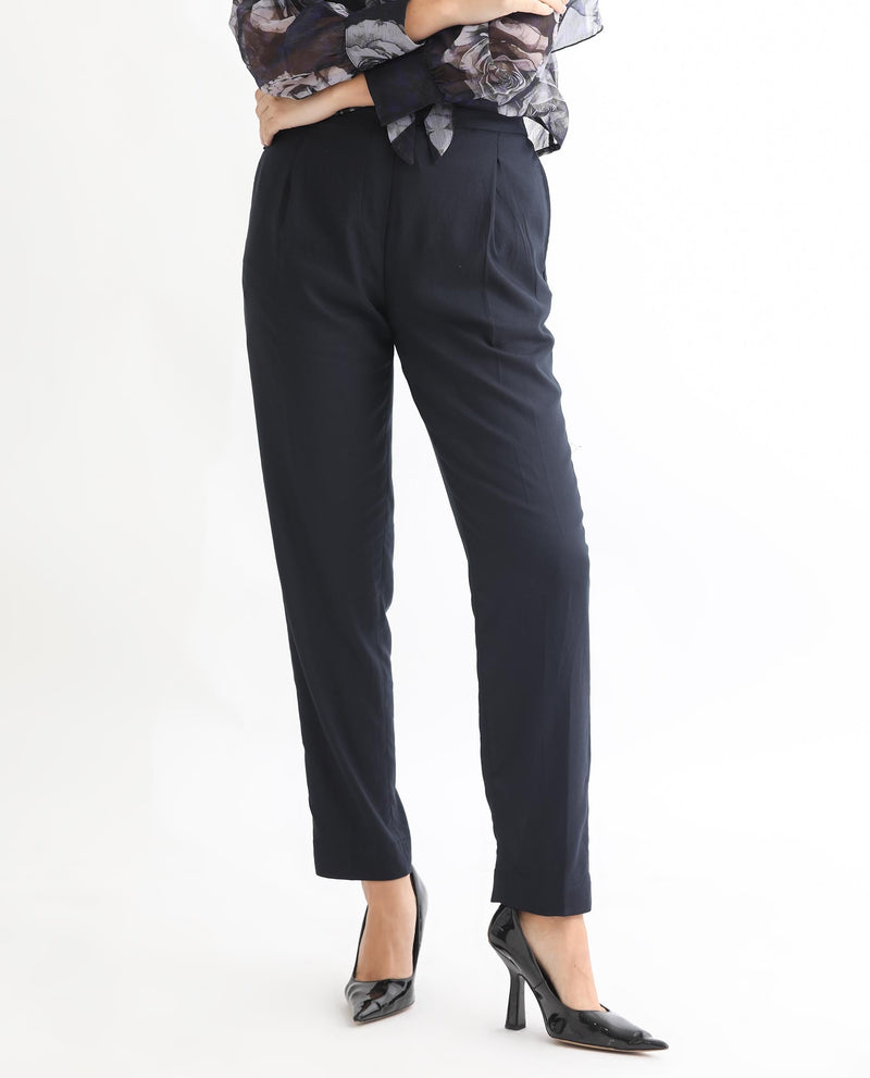 Rareism Women Rosalia Dark Navy Poly Viscose Fabric Drawstring Closure Relaxed Fit Plain Ankle Length Trousers