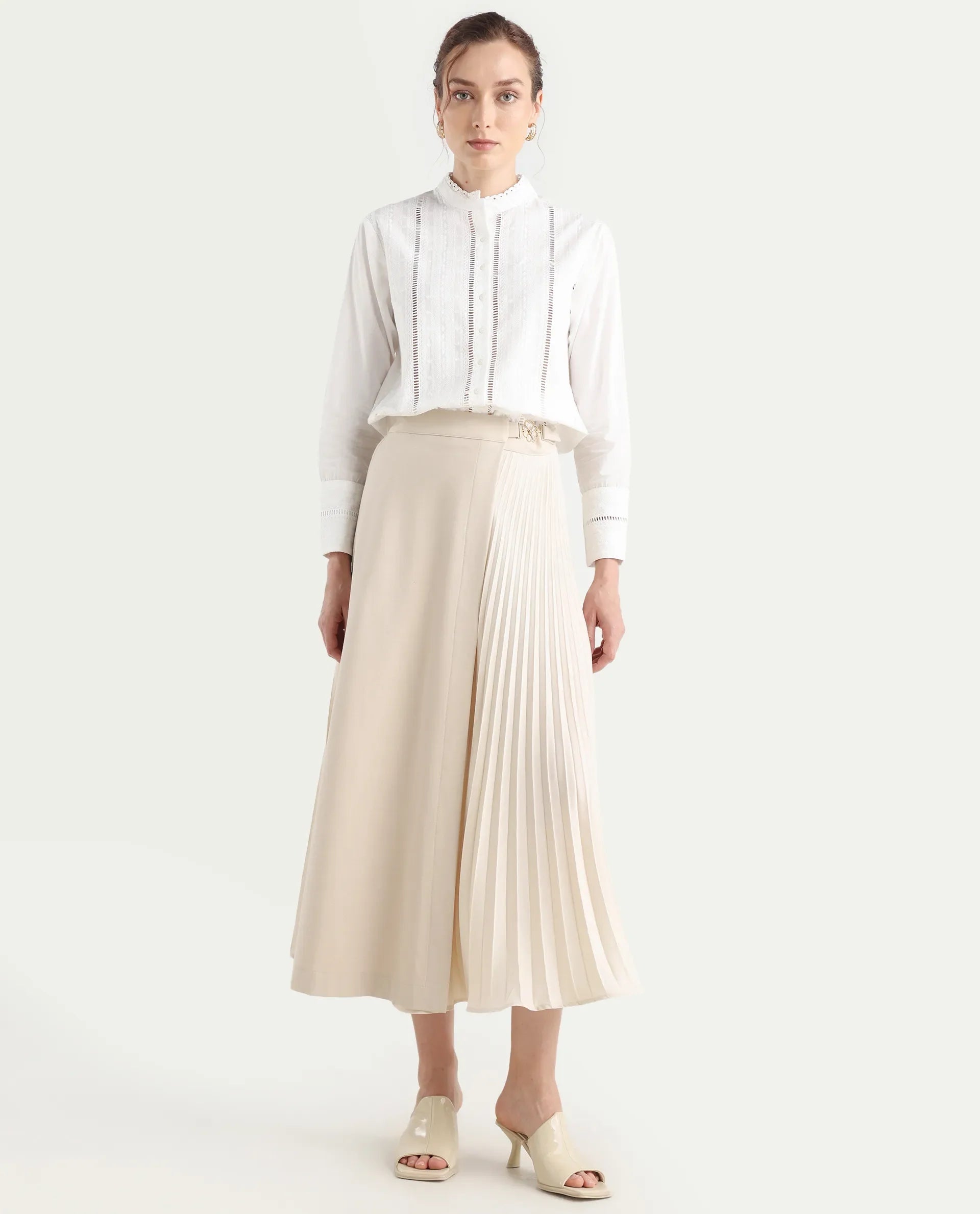 Rareism Women's Roski Light Beige Polyester Blend Flared Skirt