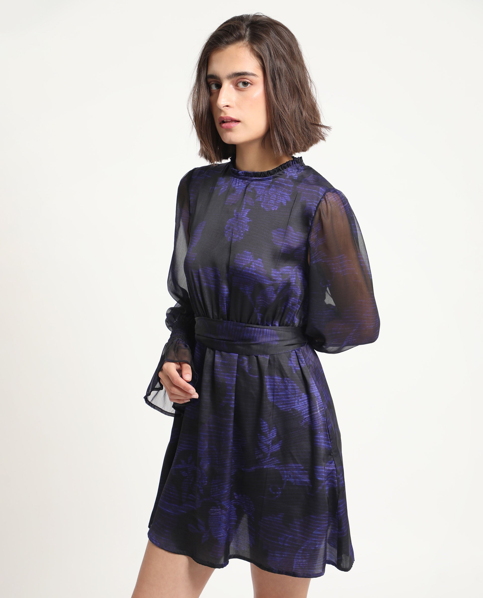 Rareism Women's Rossel Dark Navy Polyester High Neck Abstract Print Balloon Sleeve Mini Regular Fit Dress