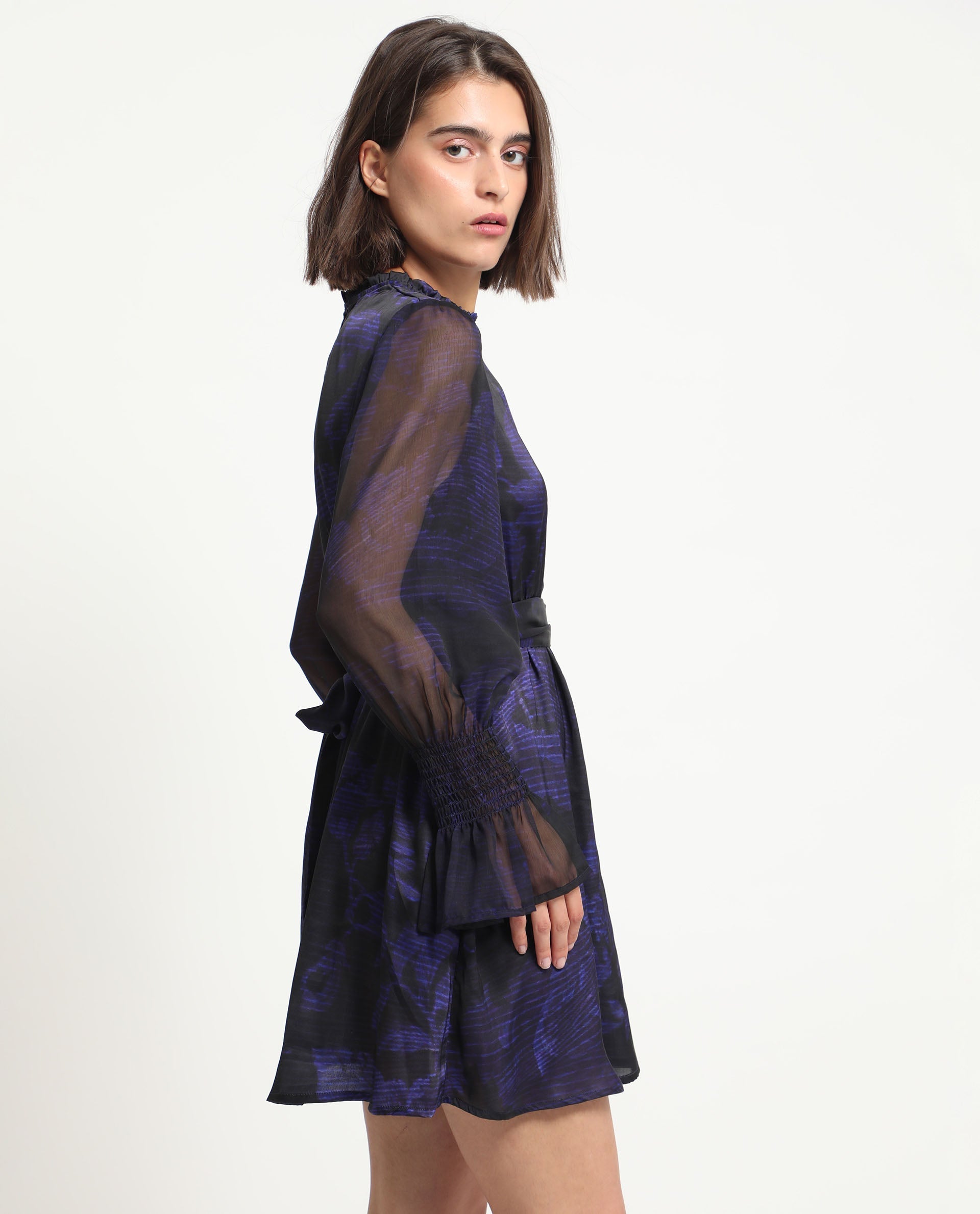 Rareism Women's Rossel Dark Navy Polyester High Neck Abstract Print Balloon Sleeve Mini Regular Fit Dress